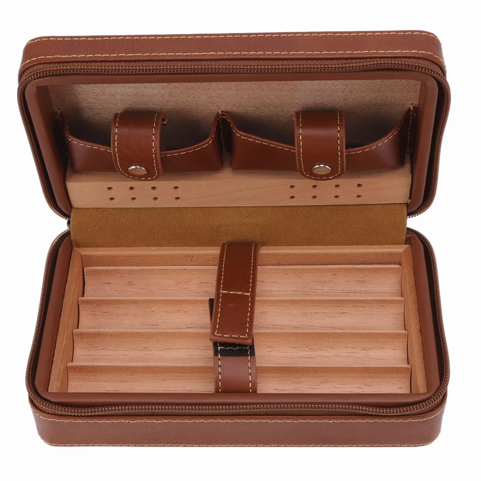 Travel Cigar Humidor Case, przenośne pudełko na cygara z nawilżaczem i dzielnikiem, Cedar Wood Leather Cigar Case Gift Set with Storage Bag, Suction Nozzle for Men Women, Holds up to 4 Cigars