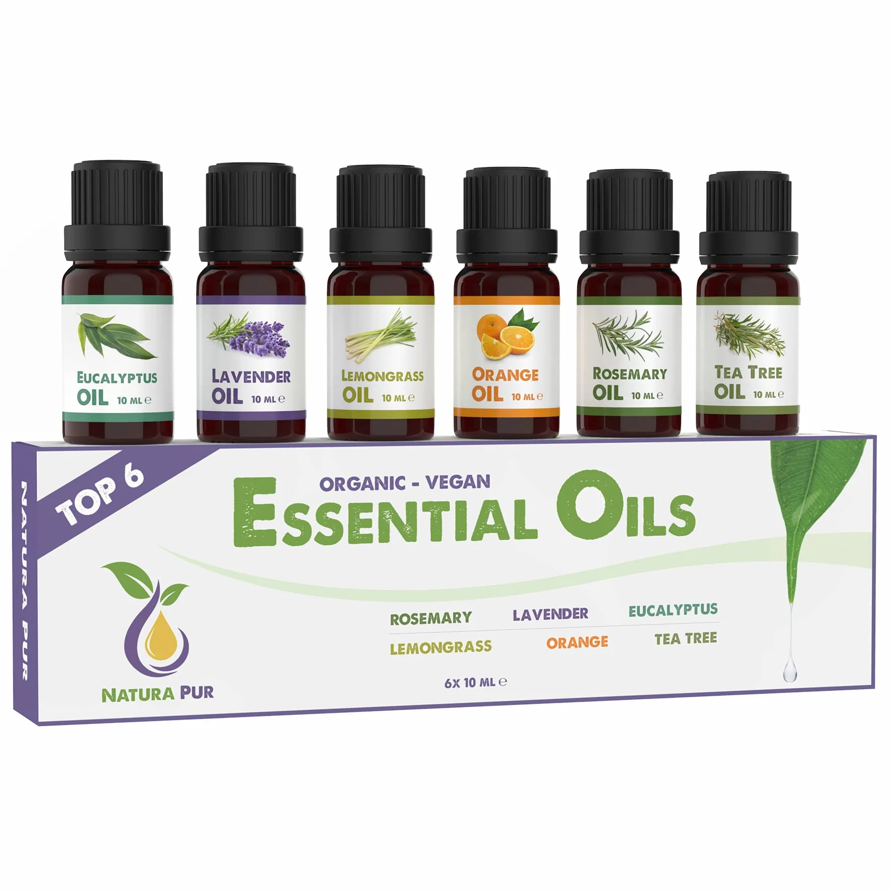 Zestaw Olejków Eterycznych 6 x 10ml Naturalne Olejki Zapachowe do Dyfuzora Aromaterapii Rozmaryn Lawenda Eukaliptus