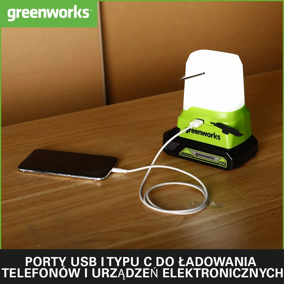 Greenworks G24LA500 Akumulatorowa Latarnia i Lampa Kempingowa z Hakiem do Zawieszania, 500 Lumenów, 3 Ustawienia Jasności, Gniazda USB i Typu C BEZ Akumulatora 24V i Ładowarki, 3 Lata Gwarancji