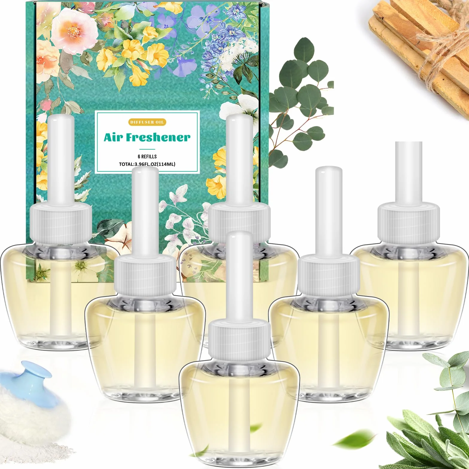 SCENTORINI wkład do buteleczki z olejkiem zapachowym, kompatybilny z Air Wick i Glade, 6 x 19 ML, zapach Palo Santo, Eukaliptus Salvia, pudrowy zapach, odświeżacz powietrza, olejek do wnętrz