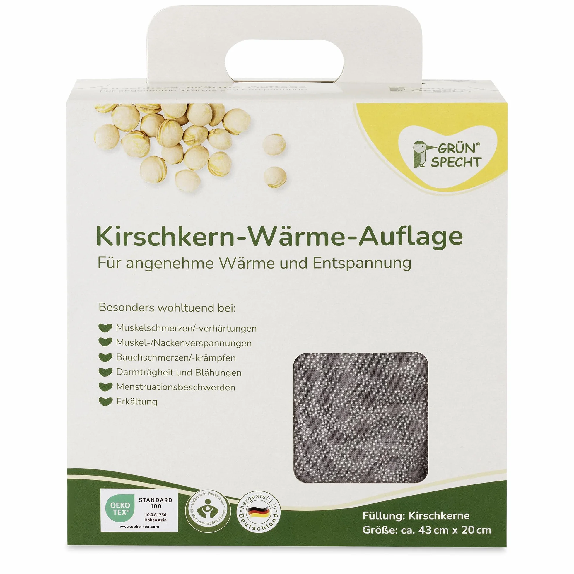 GRÜNSPECHT Poduszka z pestkami wiśni 43 x 20 cm, 3 pikowane komory, poduszka rozgrzewająca na kark, brzuch i plecy, poszewka ze 100% bawełny, do kuchenki mikrofalowej i piekarnika, szara (1100-V1)