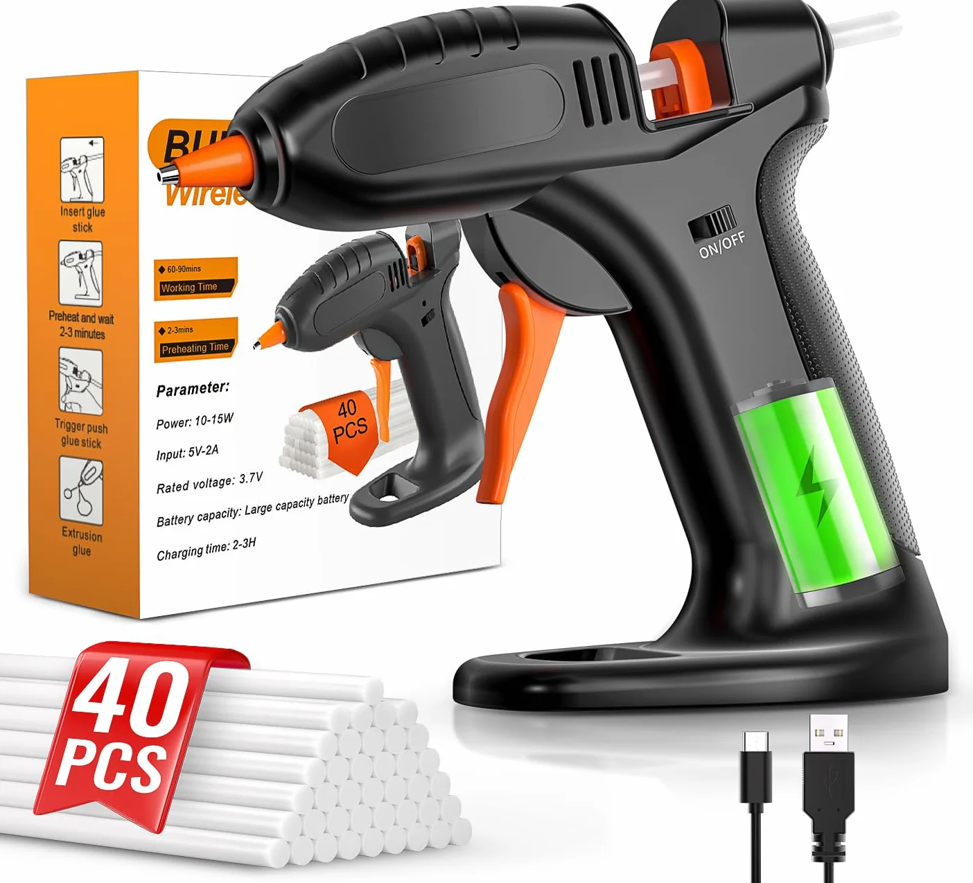 BURNNOVE Akumulatorowy Pistolet do Klejenia na Gorąco 3000mAh 40szt 7mm Sztyftów do Kleju USB Tpye-C Szybkie i Bezpieczne Podgrzewanie do Majsterkowania w domu i Biurze