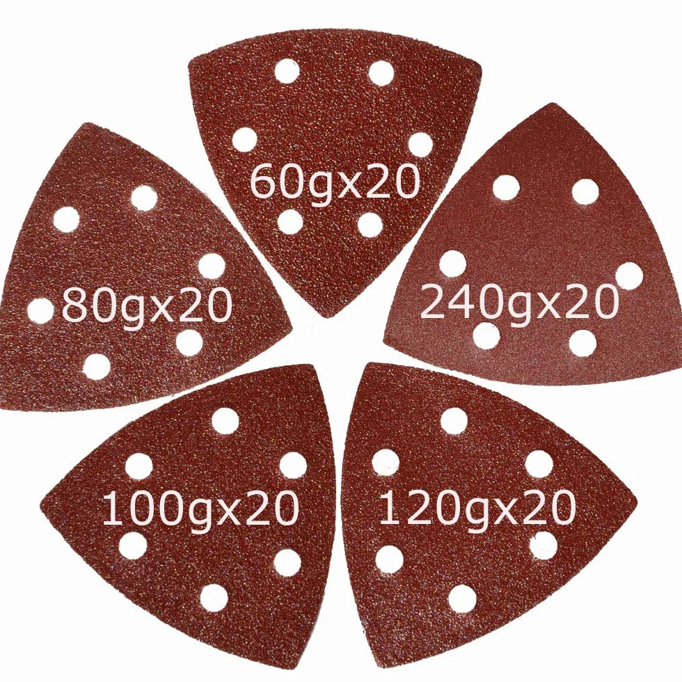 XXGO 3-1/2 cala 90 mm trójkątny 60/80/100/120/240 papier ścierny do szlifowania drewna zawiera 20 sztuk każdorazowo pasujących 8,5 cm oscylujące narzędzie wielofunkcyjne ścierne zestaw 100 XG9010U