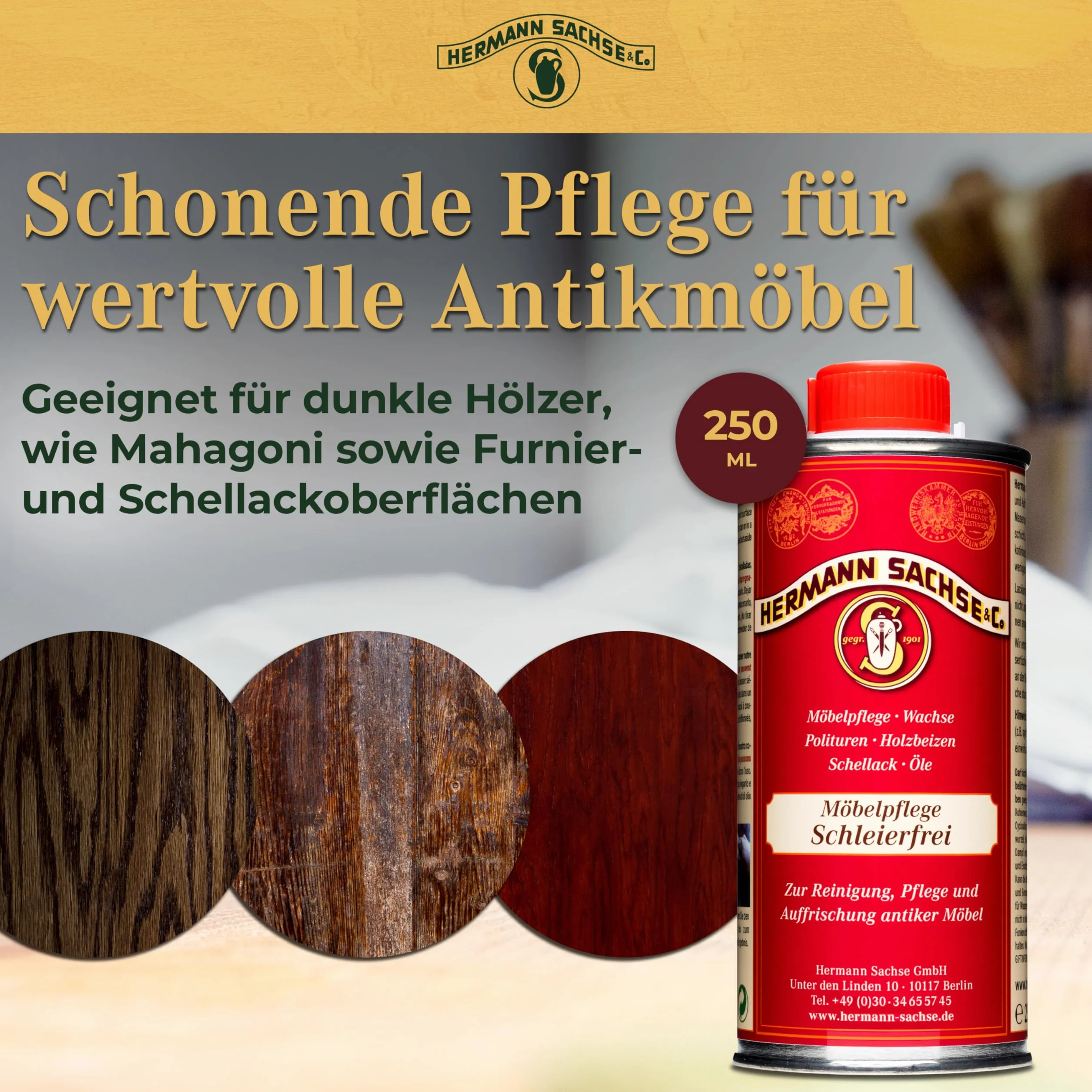 Hermann Sachse Środek do pielęgnacji mebli "Schleierfrei" 250 ml – czyszczenie i pielęgnacja ciemnych mebli antycznych i politura do mebli – idealna dla duńskich klasyków mebli