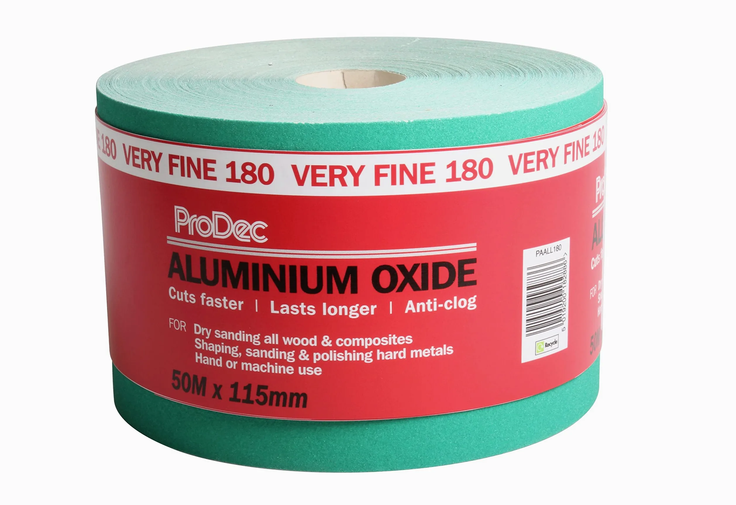 ProDec 50 m rolka 180 g bardzo drobnoziarnistego zielonego papieru ściernego z tlenku glinu do szlifowania drewna, farb, tynku, szpachli, metalu i innych materiałów, szerokość 115 mm