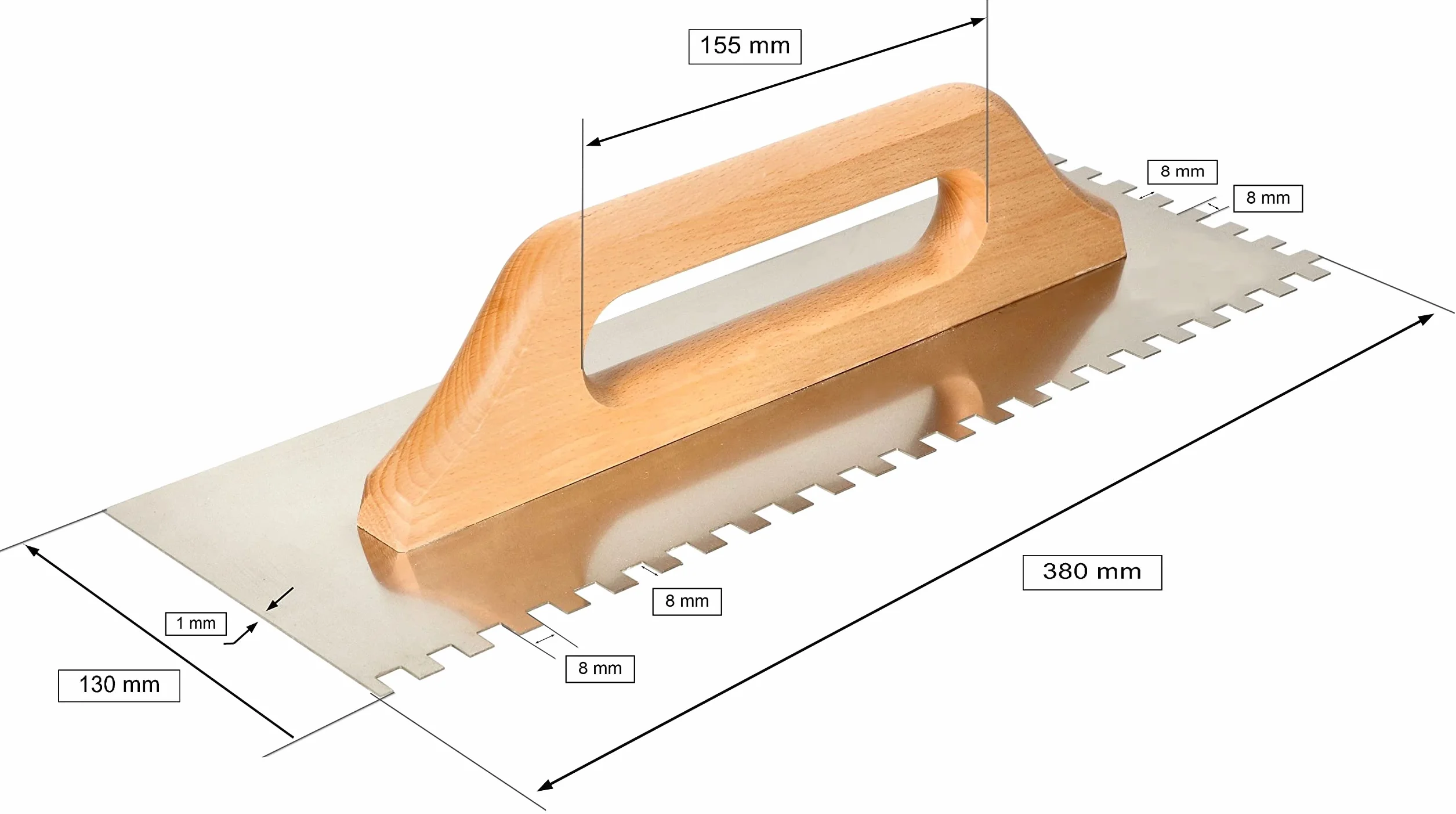 KOTARBAU® Kielnia do wygładzania zębów ze stali nierdzewnej 380 mm ząbki 8 x 8 mm z drewnianym uchwytem