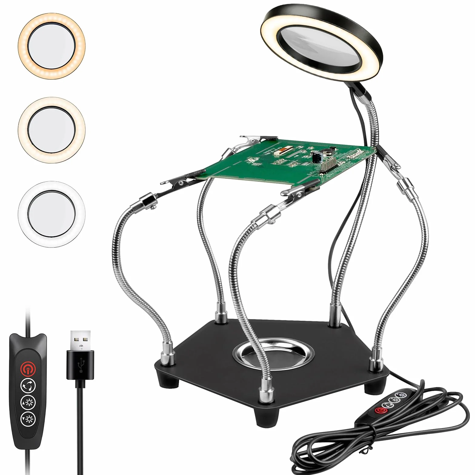Stacja lutownicza trzeciej ręki z USB LED, 3x lupa, cztery ramiona, pomocnik do lutowania