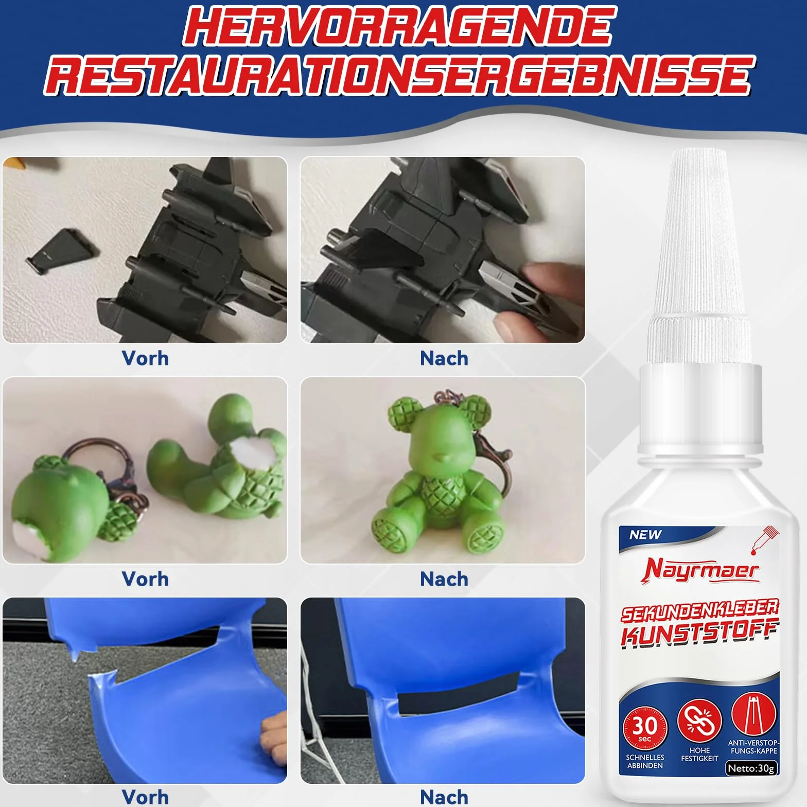 Klej do tworzywa sztucznego, ekstramocny, 60 g, klej modelarski z nasadką zapobiegającą zapchaniu, wodoodporny klej do plastiku do klejenia wszystkich tworzyw sztucznych
