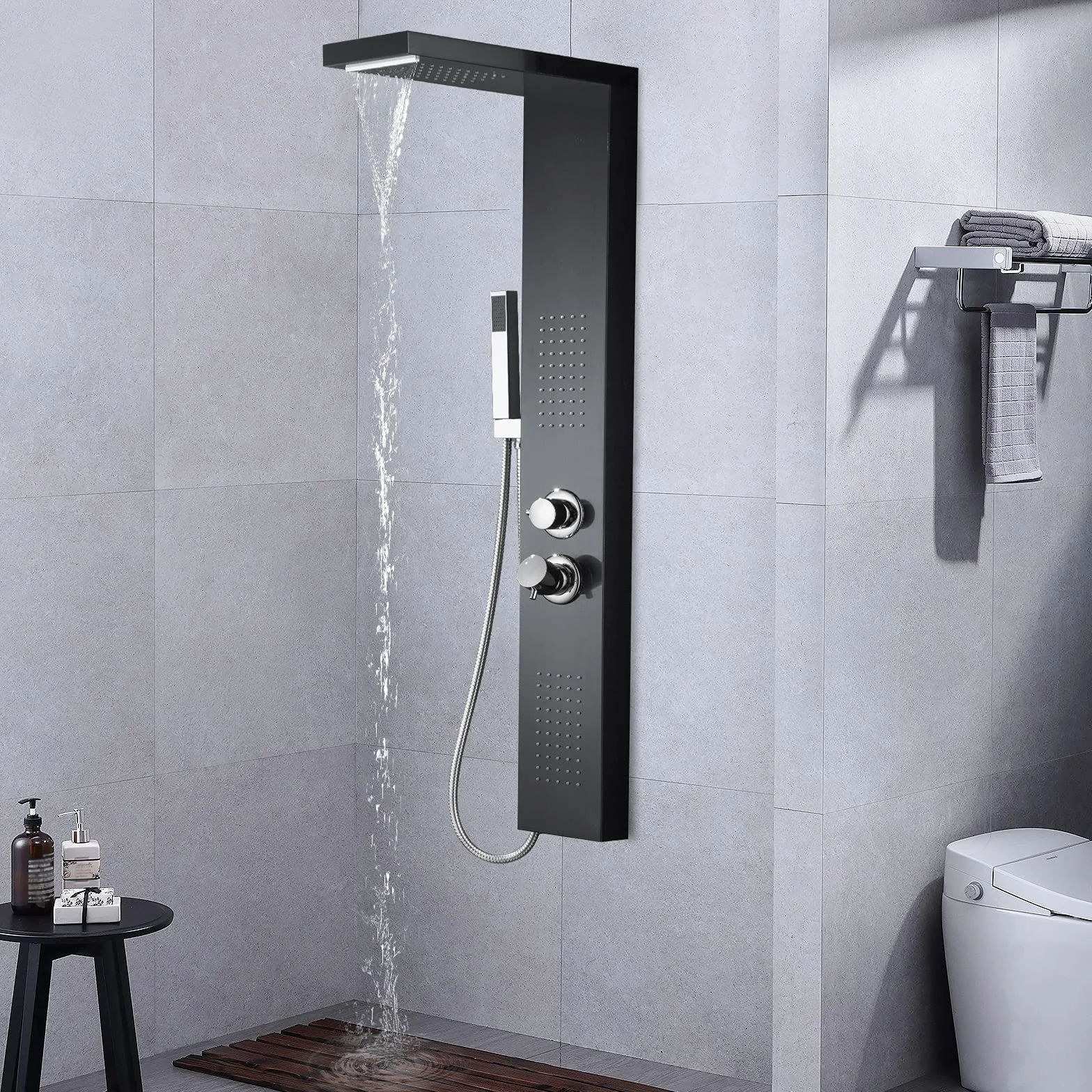 HENGMEI Panel prysznicowy system prysznicowy ze stali nierdzewnej szczotkowanej armatura prysznicowa zestaw prysznicowy z deszczownicą, prysznic z masażem, prysznic z wodospadem, słuchawka prysznicowa