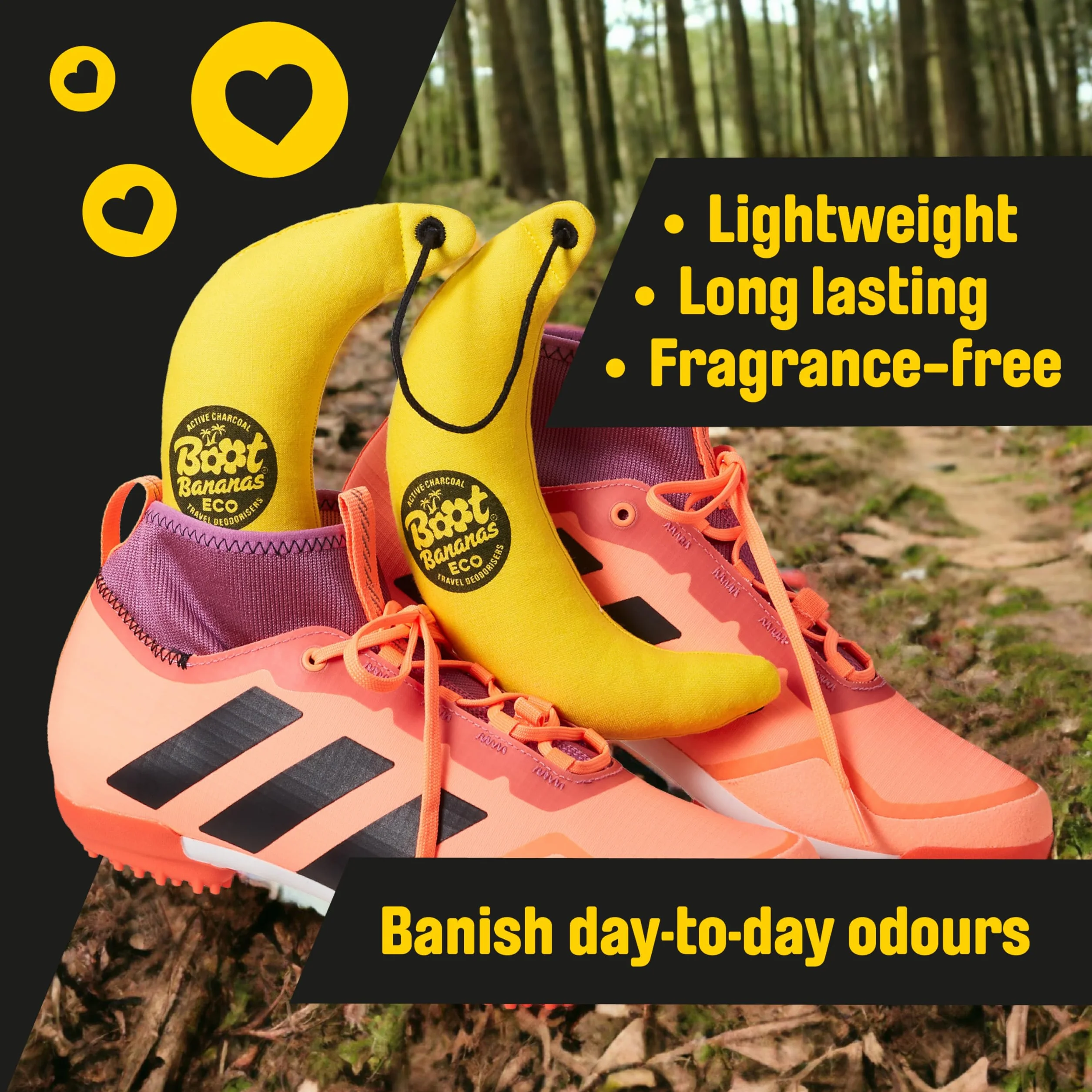 Boot Bananas Eco Travel Dezodoratory – bezzapachowe środki do usuwania zapachów z węglem aktywnym do zapachowych butów, rękawiczek i toreb, lekkie, kompostowalne, wielokrotnego użytku, świeżość w