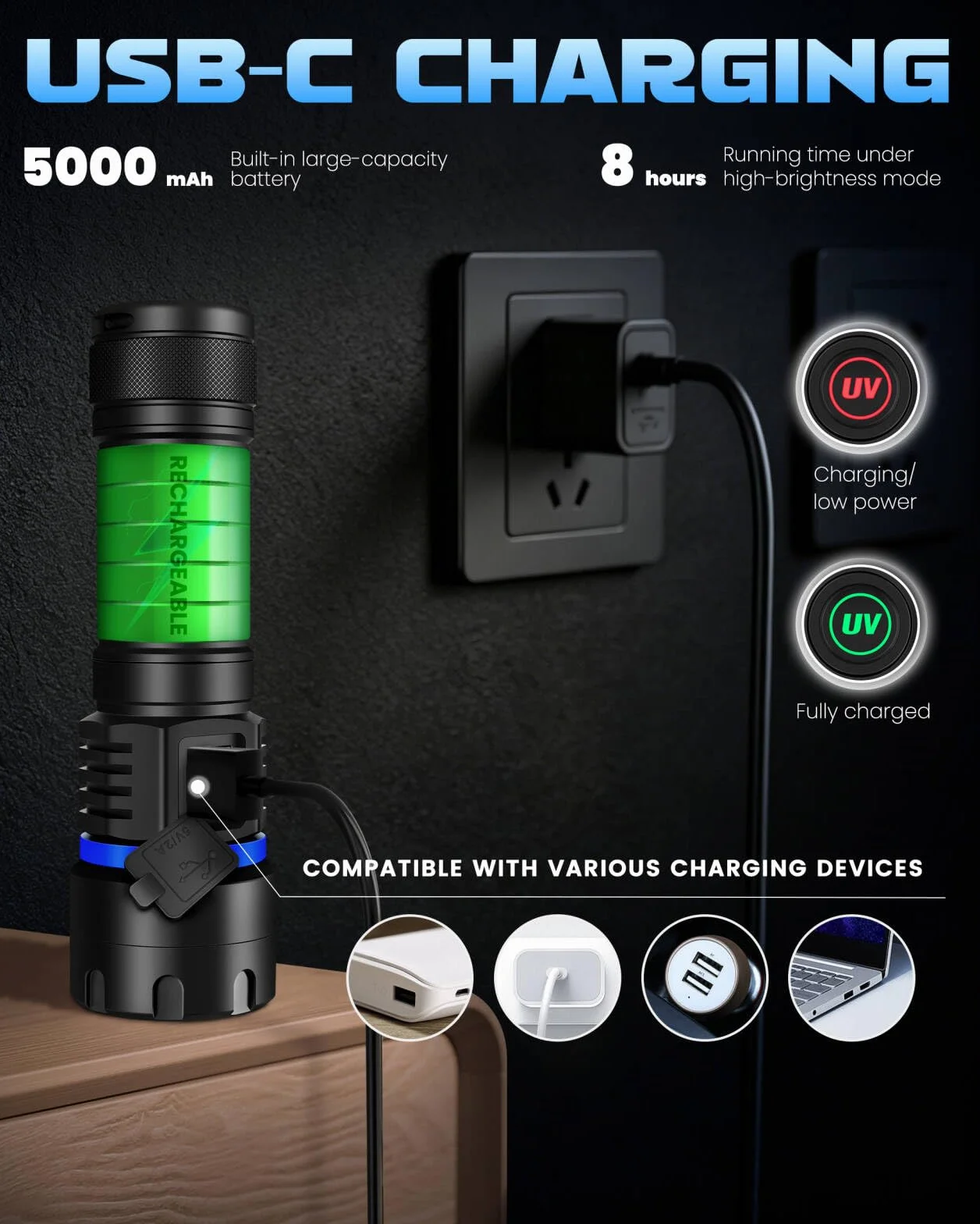 DARKBEAM Latarka UV 365nm Blacklight 6xLED Potężne 60W, Czarne światło Woodsche Lampa Akumulator USB Latarki Ultrafioletowe Detektor moczu dla kota do szkła uranowego, Minerały, Utwardzanie żywicy