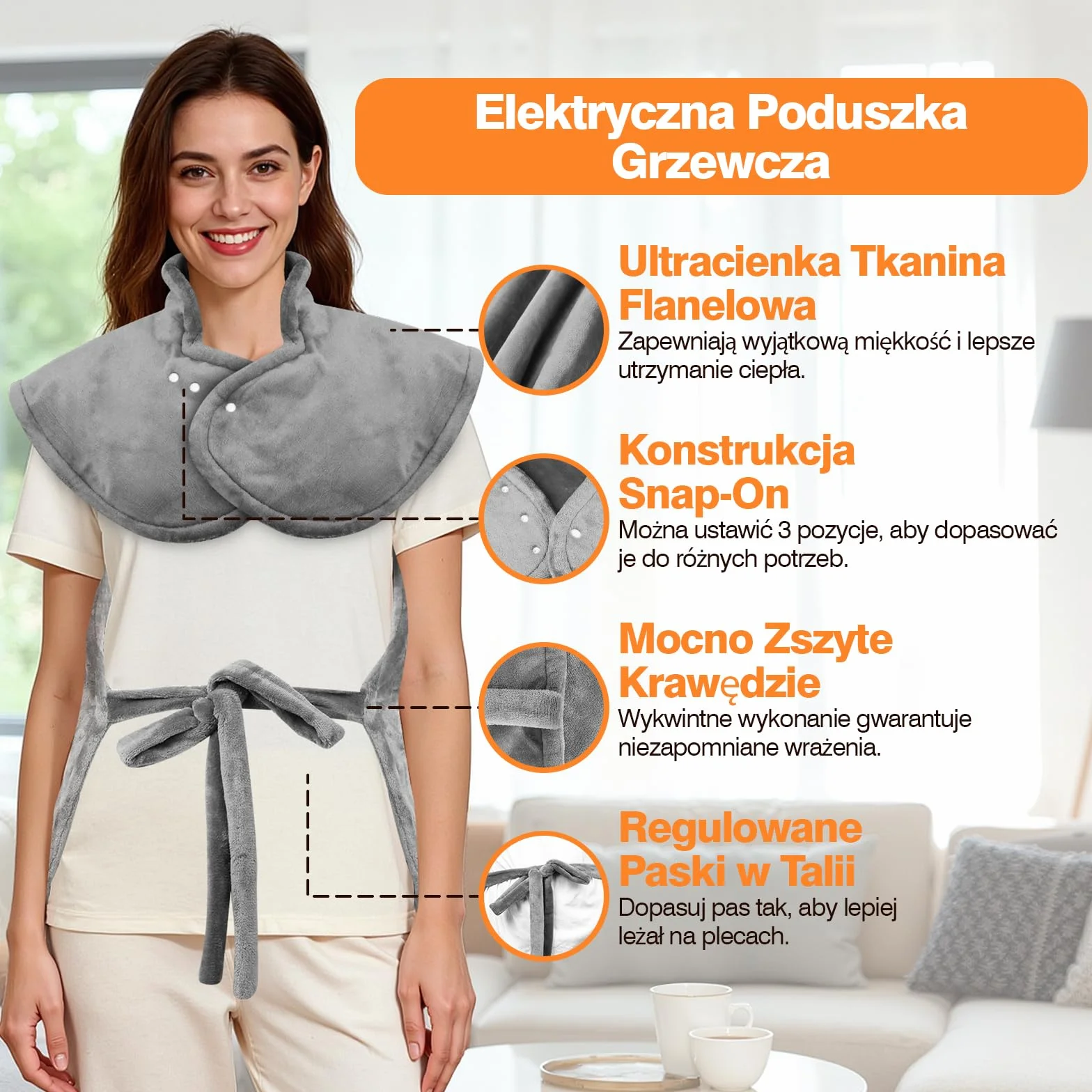 Poduszka Grzewcza na Plecy 60x100 cm 9 Poziomów Temperatury 4 Ustawienia Timera Automatyczne Wyłączanie Ochrona Przed Przegrzaniem Flaneela