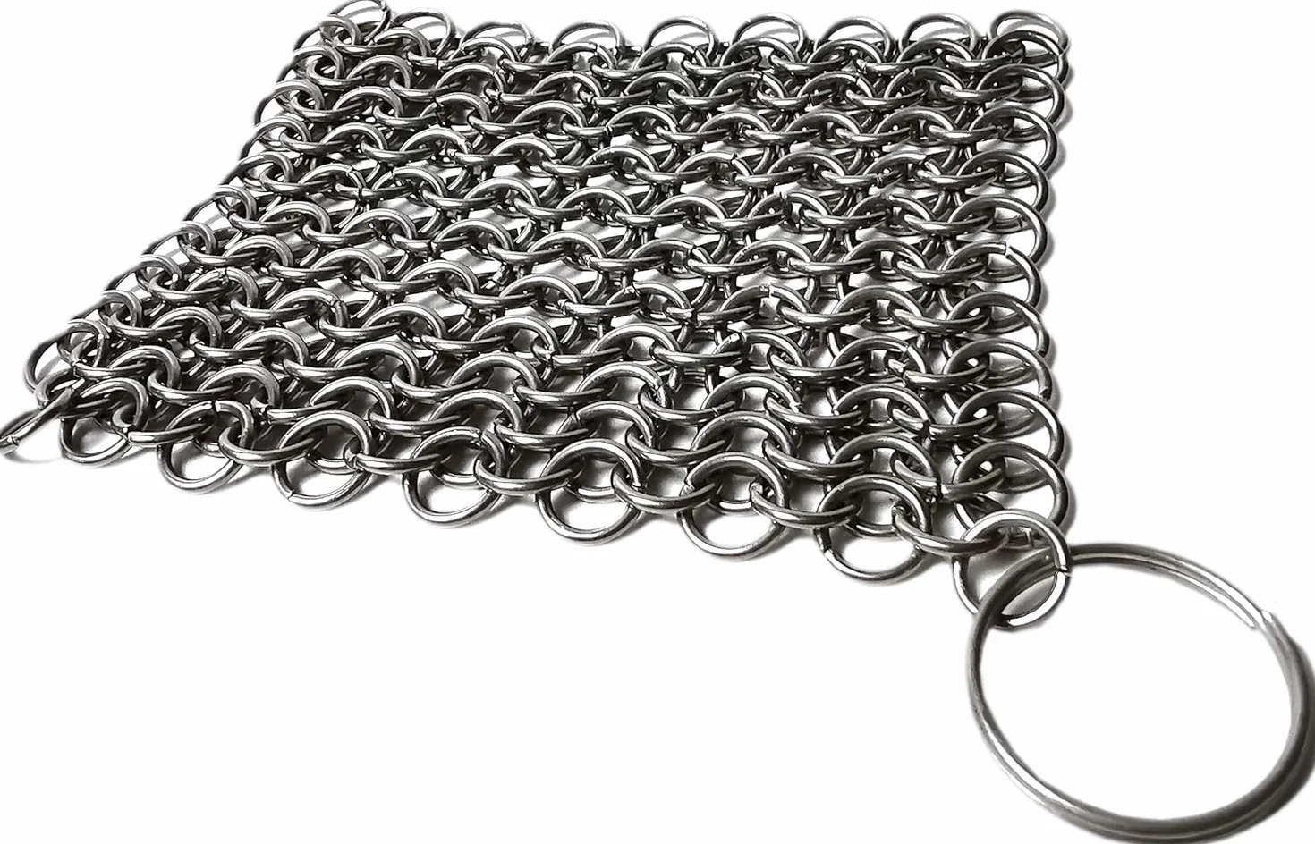 Mythrojan Cast Iron Cleaner, 3.9 Inches Rectangle Chainmail Scrubber with Hanging Ring Dishcloth Stainless Steel Chainmail Scrubber for Skillet, Wok, Pan & Pots Cleaner