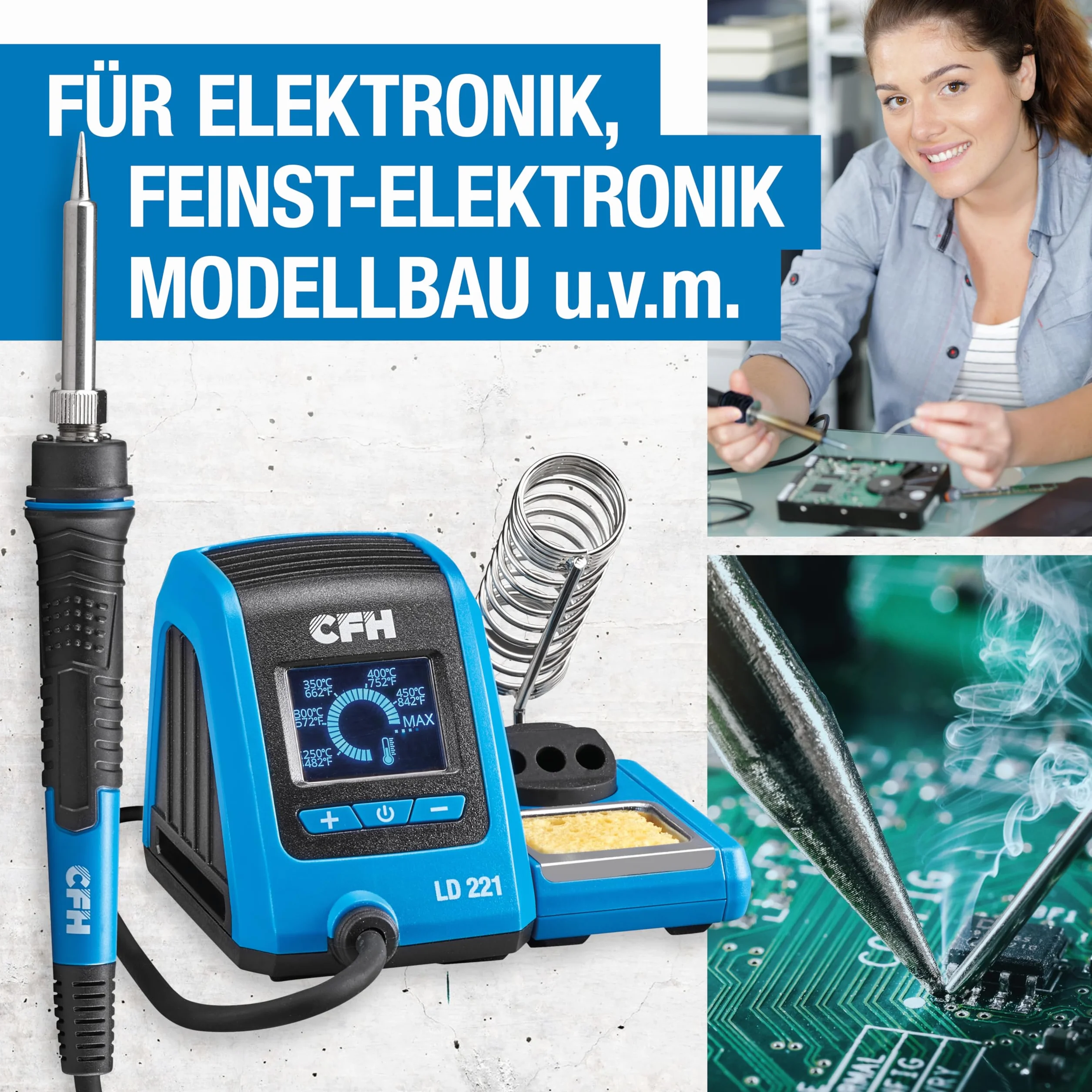 CFH Cyfrowa stacja lutownicza LD 221, 25 W, 200-480 °C, wyświetlacz LED, lutownica, uchwyt z gąbką do czyszczenia