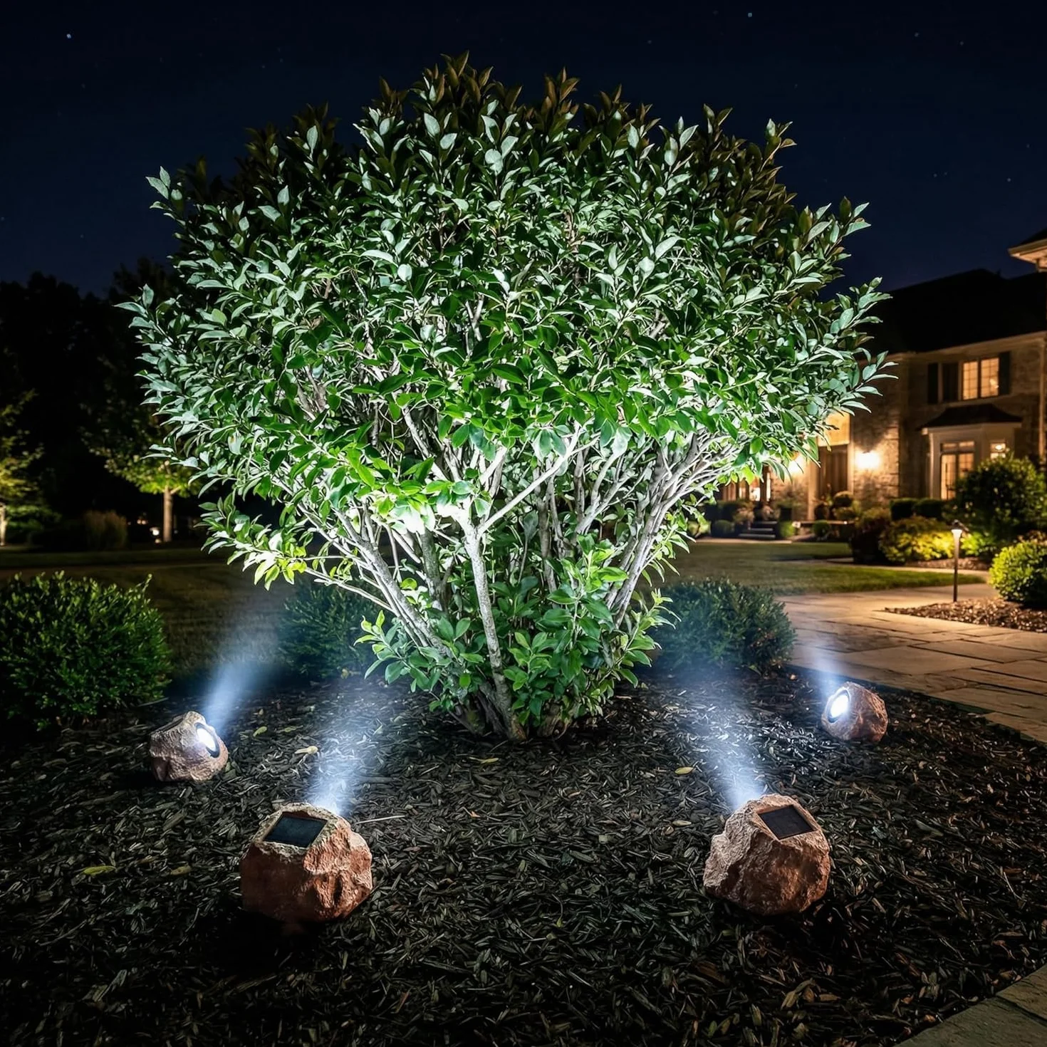 Candieslife Solarne lampy ogrodowe na zewnątrz – IP65 LED wodoodporny reflektor solarny, zasilane energią słoneczną, dekoracyjne lampy ogrodowe z kamienia na ścieżkę, chodnik, podwórko, patio (4