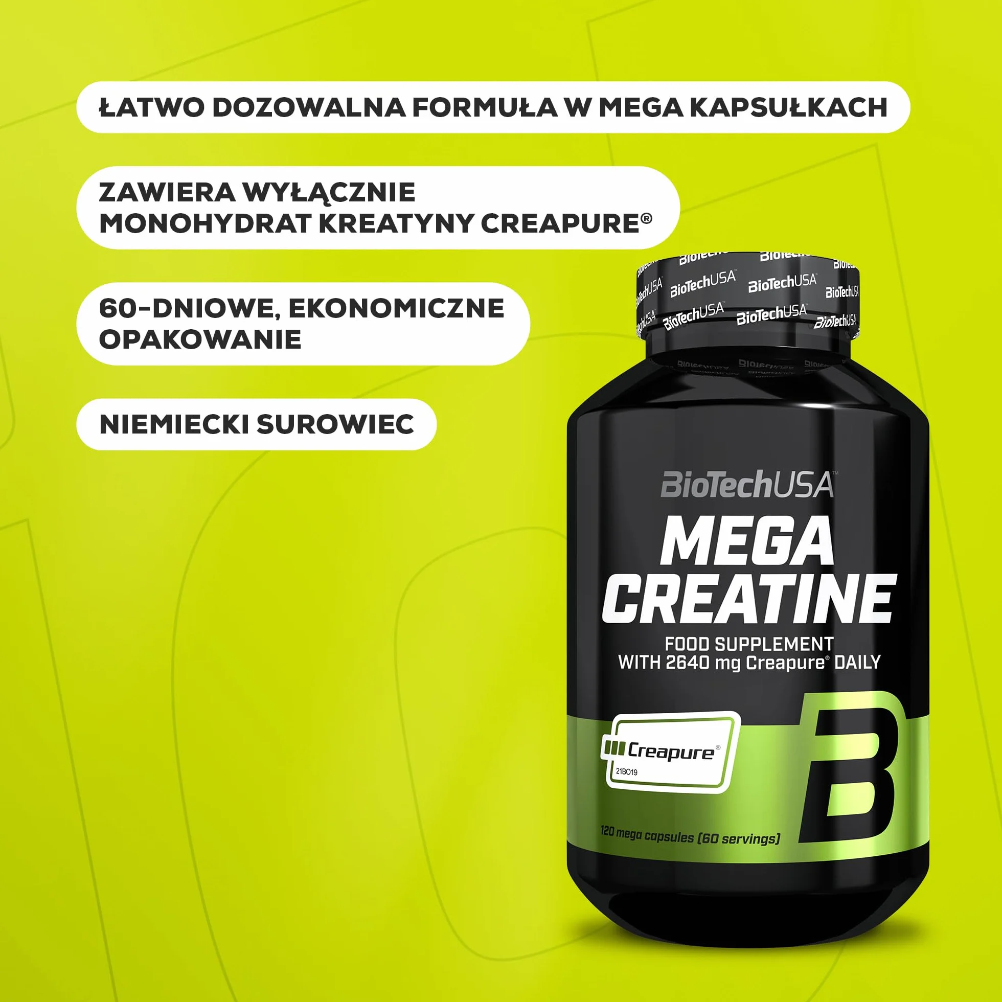 BioTechUSA Mega Creatine Creapure® Monohydrat kreatyny 120 kapsułek wysokiej absorpcji bez laktozy i glutenu 60-dniowa dawka