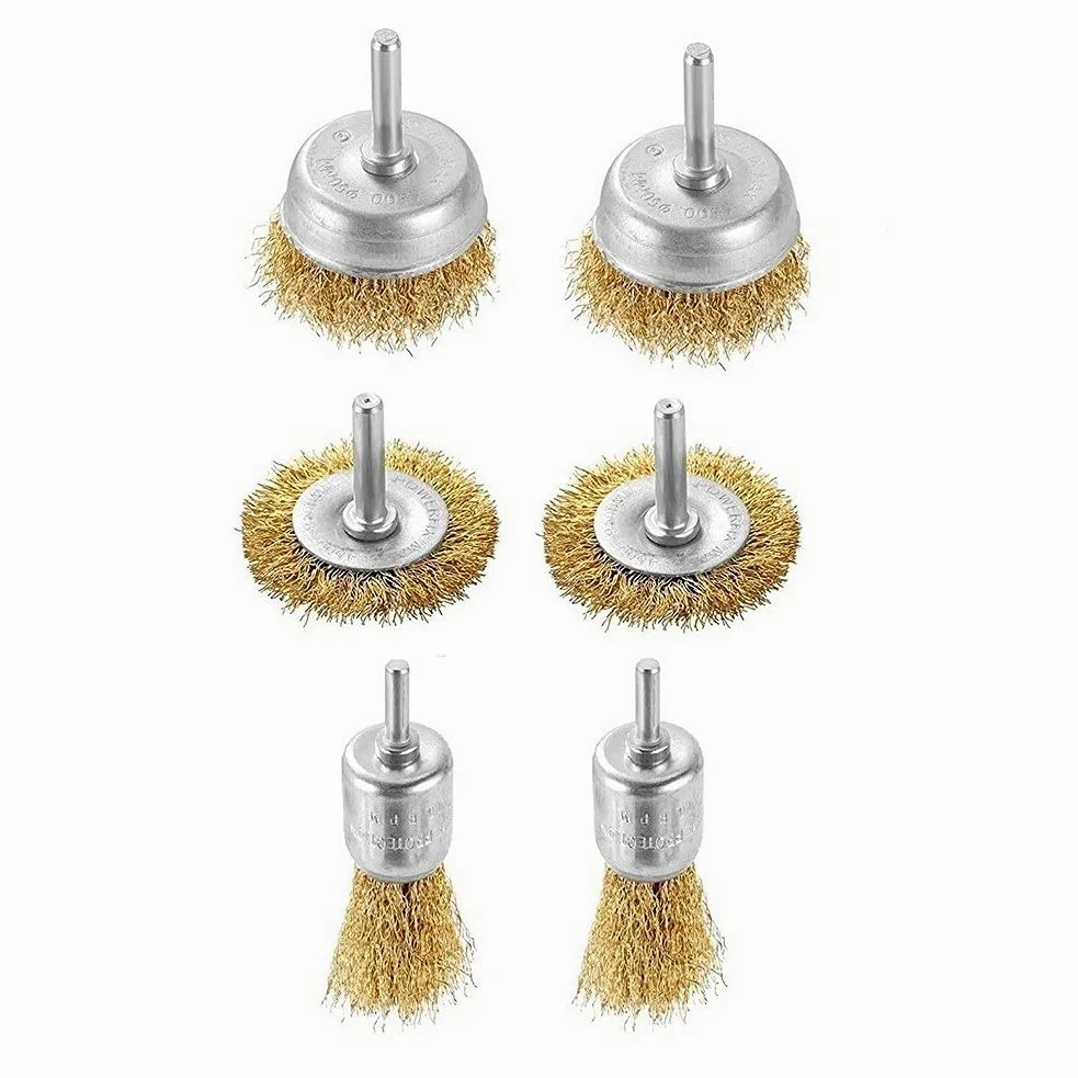 Szczotka druciana T-Shaped Brass Wire Brushes, for Drills Set,6 Pcs Brass-Plated Steel Cup W/ 6mm Dia Shank Polishing for Electric Attachment