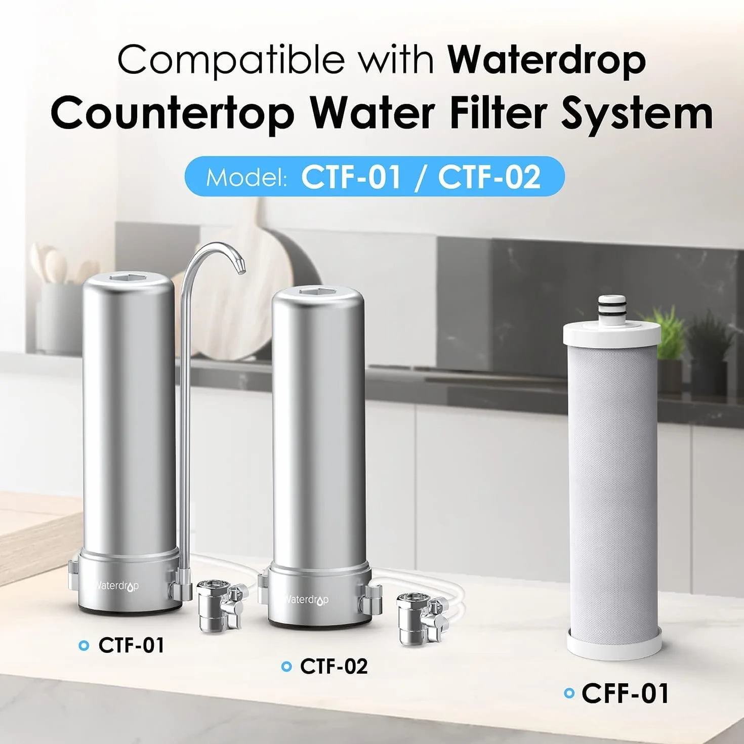 Waterdrop WD-CFF-01, Kran do filtru wody, 5-stopniowy filtr wody z kranu, Dłuższa żywotność filtra, Zmniejsza metale ciężkie, zły smak i do 99% chloru, 1 opakowanie