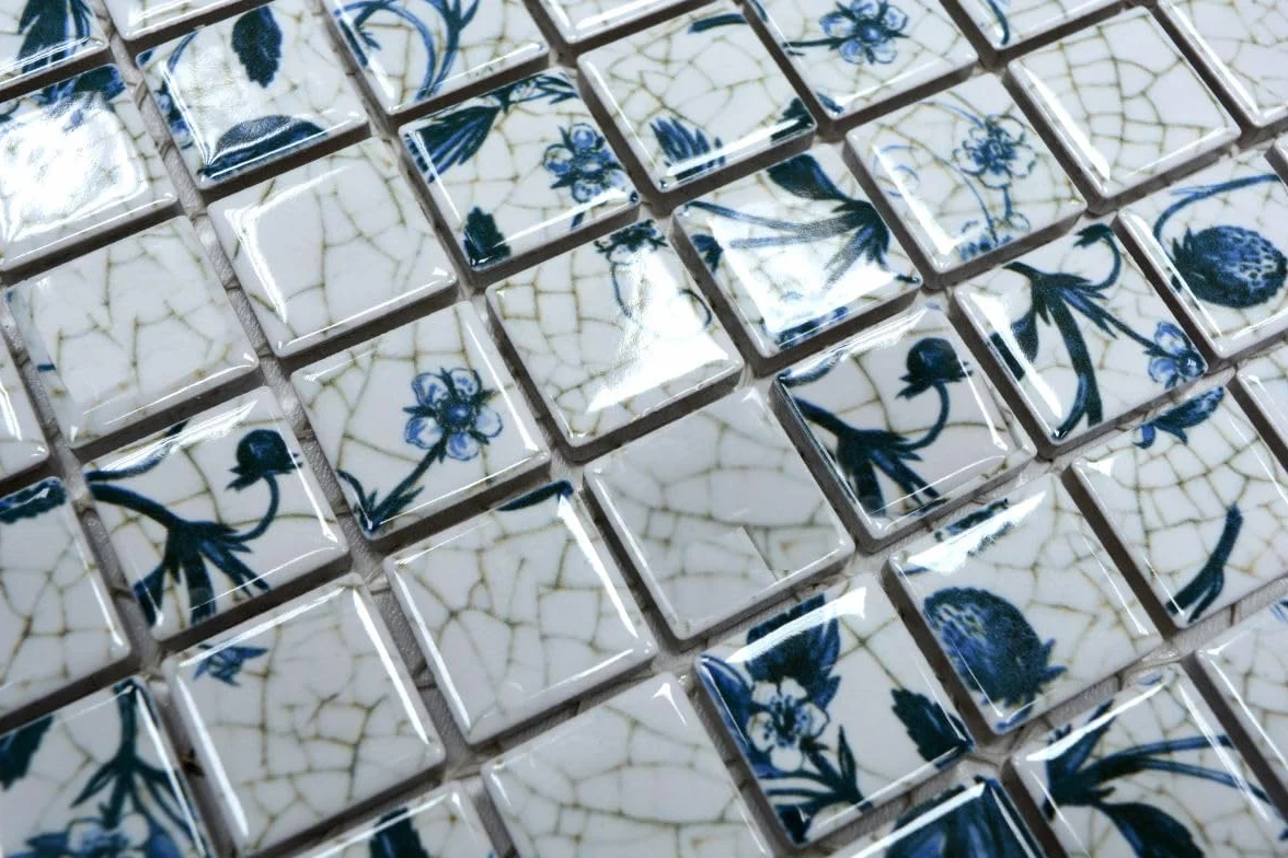 Płytki mozaikowe w stylu retro, vintage, ceramiczne, białe, niebieskie, truskawkowe, na ścianę, do łazienki, toalety, prysznica, kuchni, lustro płytkowe, okładzina wanny, WB18D-1404