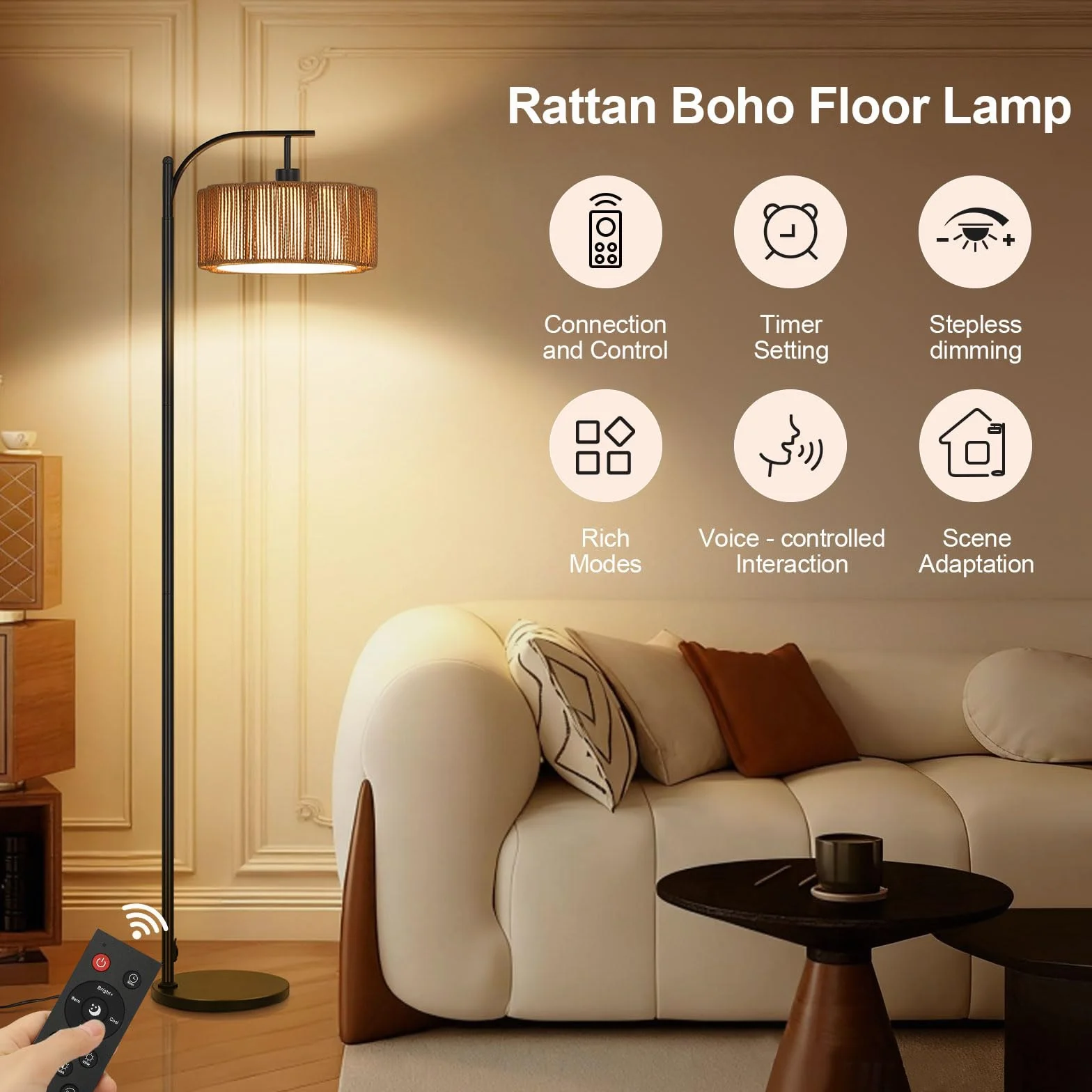 Lampa stojąca do salonu, rattanowa, RGB, ściemniana, lampa stojąca z pilotem zdalnego sterowania i sterowaniem za pomocą aplikacji, funkcja timera, DIY i tryb muzyki, E27 lampy stojące do