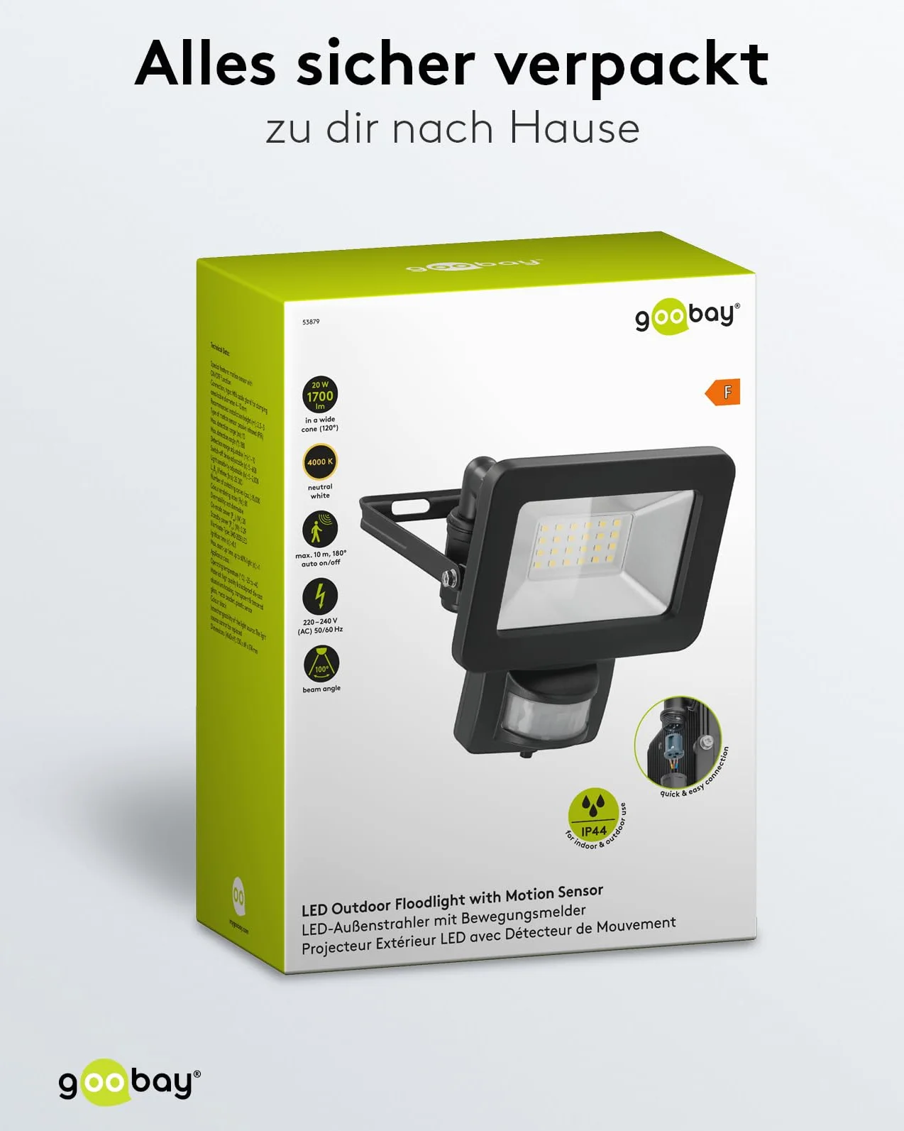 Goobay 53879 reflektor LED z czujnikiem ruchu – reflektor LED o mocy 20 W – neutralne białe światło 4000 K – 1700 lumenów – kąt świecenia 100 stopni – stopień ochrony IP65 – czarny