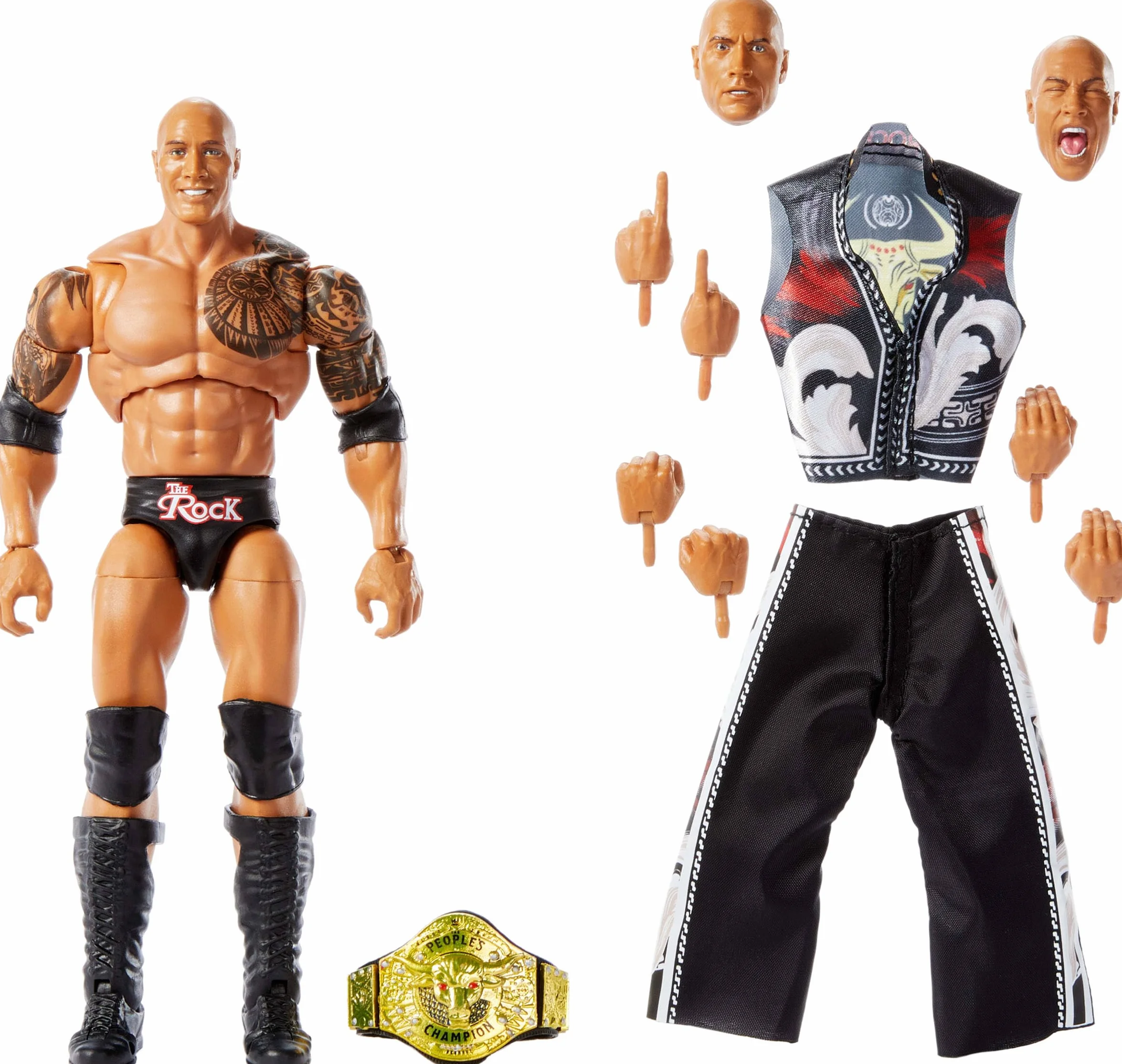 Mattel Figurka i akcesoria WWE Ultimate Edition, 15 cm The Rock, zestaw kolekcjonerski, wymienne główki i dłonie, 30 punktów artykulacji