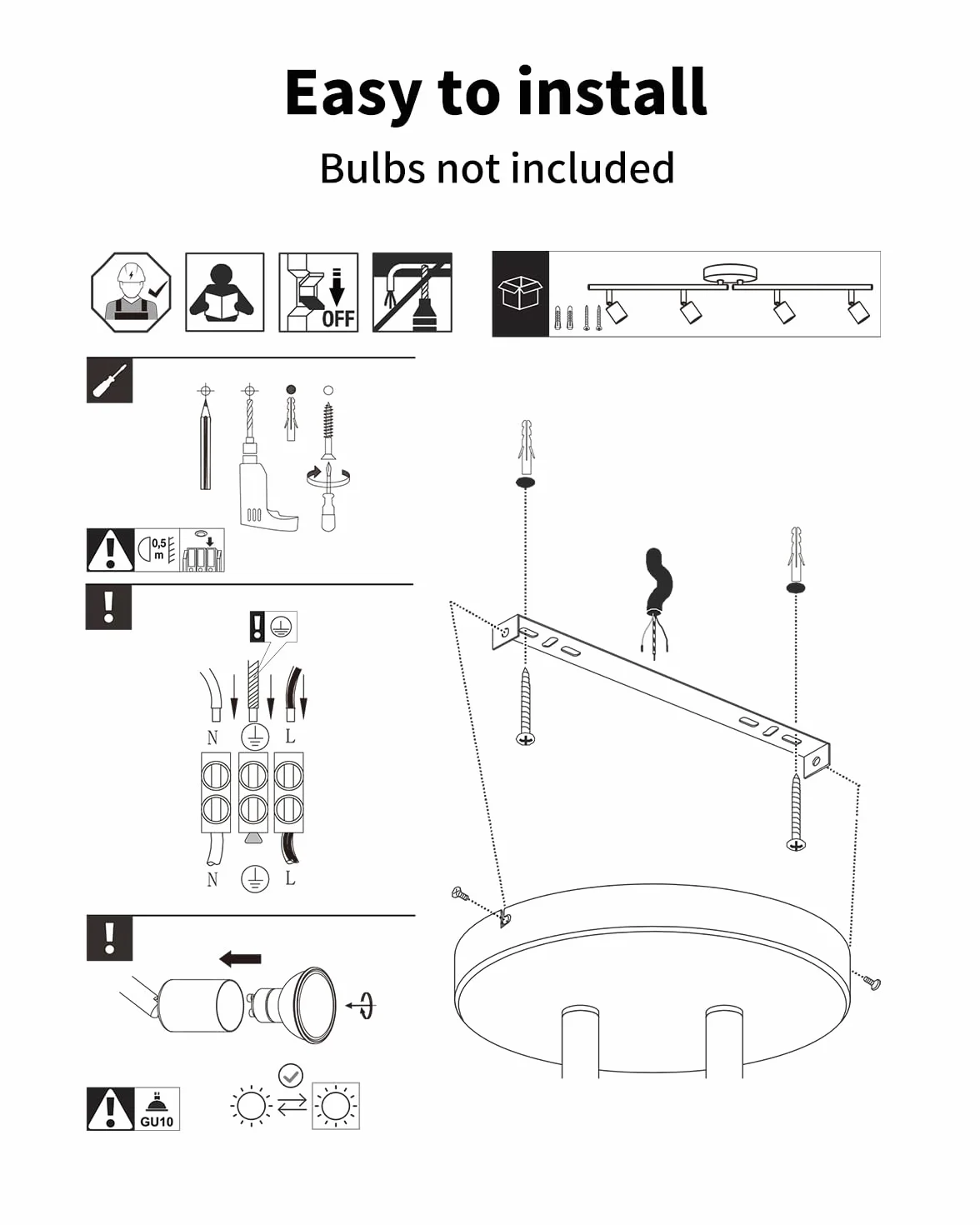 LVWIT Lampa sufitowa GU10, 4-punktowa lampa sufitowa LED posrebrzana ocynkowana, oświetlenie wewnętrzne, żyrandol kuchenny, metalowa rampa (bez żarówki)