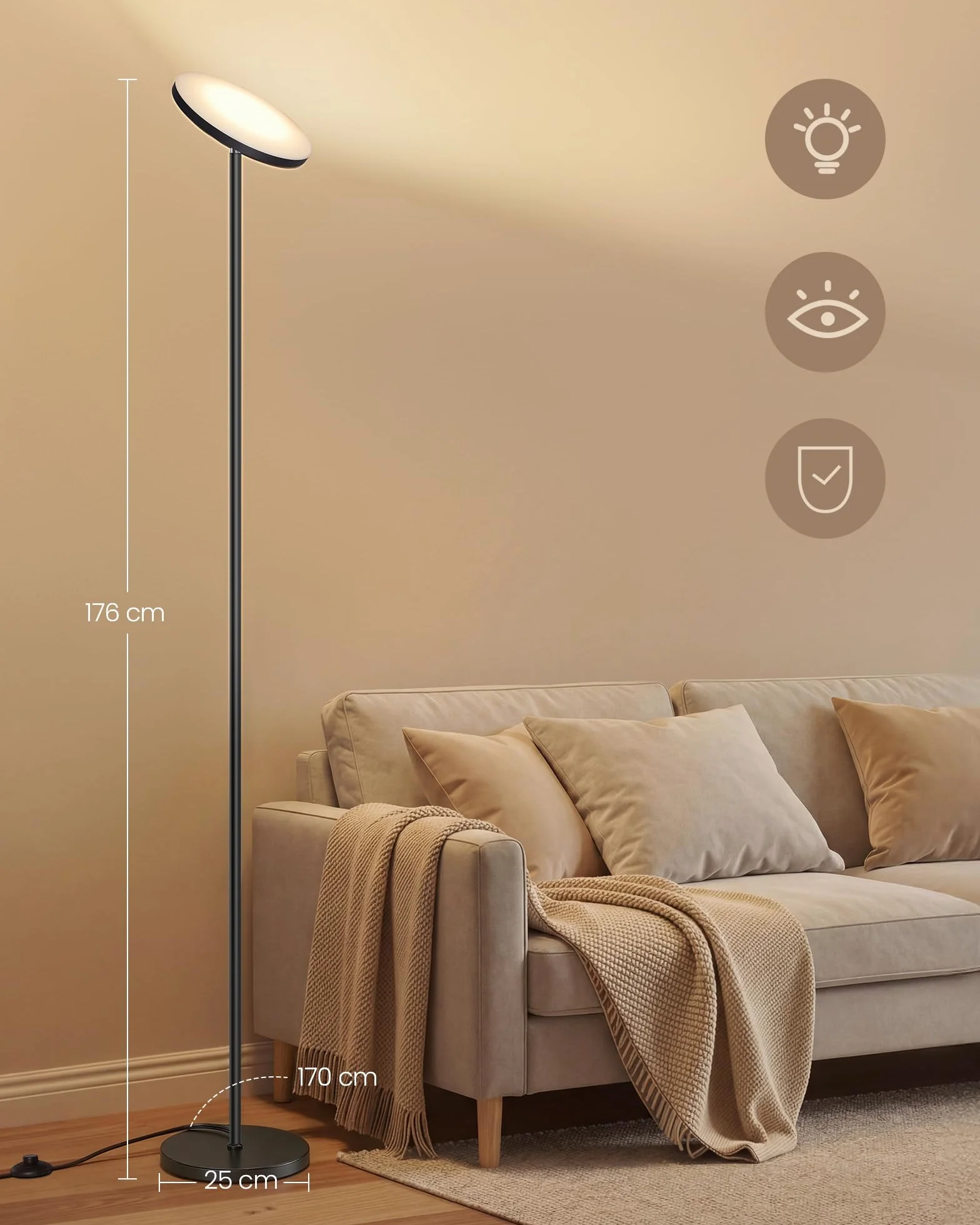 VASAGLE Lampa stojąca LED, lampa stojąca 30 W, obrotowa głowica lampy, do sypialni, biura, timer, funkcja pamięci, pilot zdalnego sterowania, matowa czerń LFL018BD02