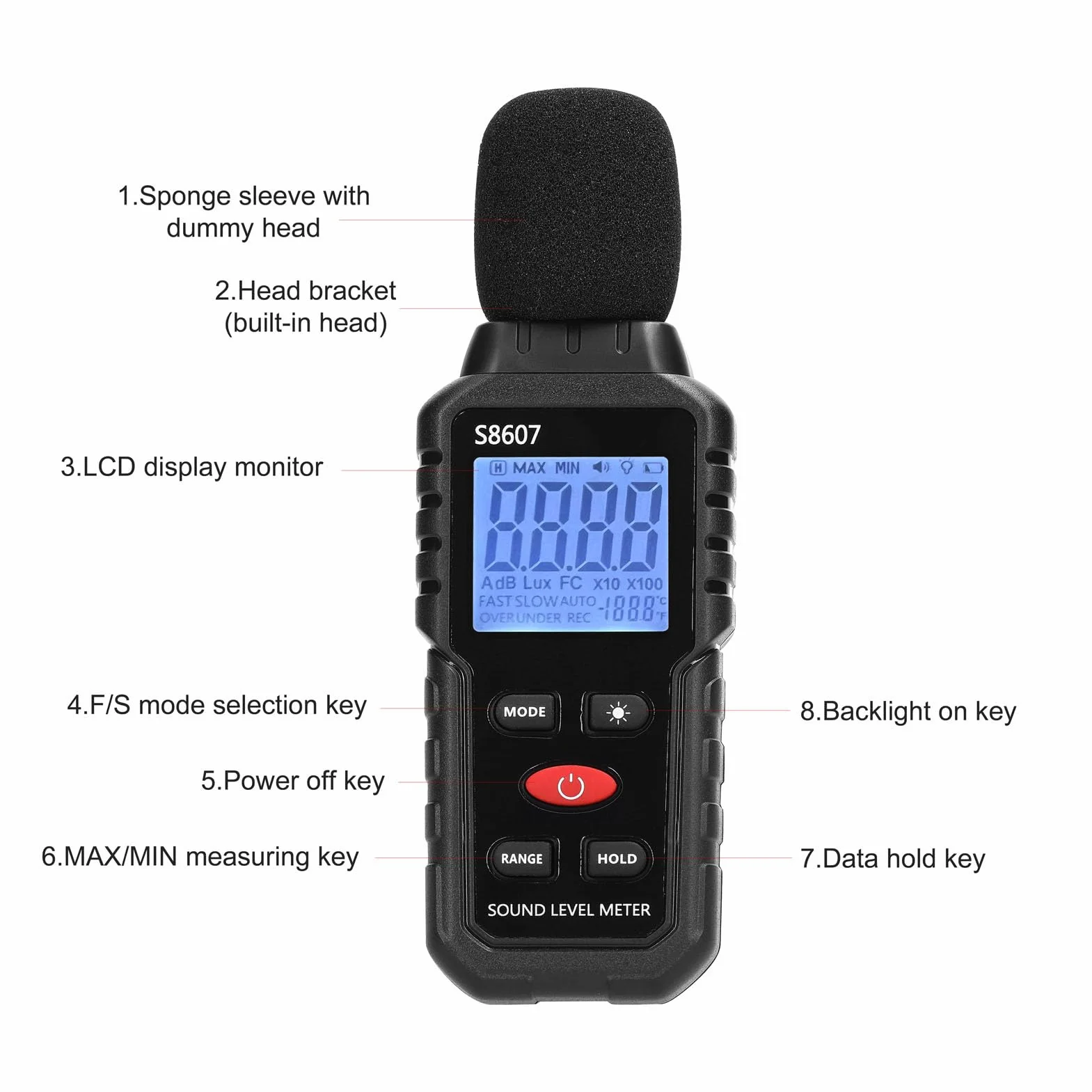 Miernik Decybeli, Cyfrowy Miernik Poziomu Dźwięku, Przenośny Miernik SPL od 30 DB do 130 DB, Tester Pomiaru Hałasu w Decybelach Audio z Podświetlanym Wyświetlaczem LCD, Pomiar