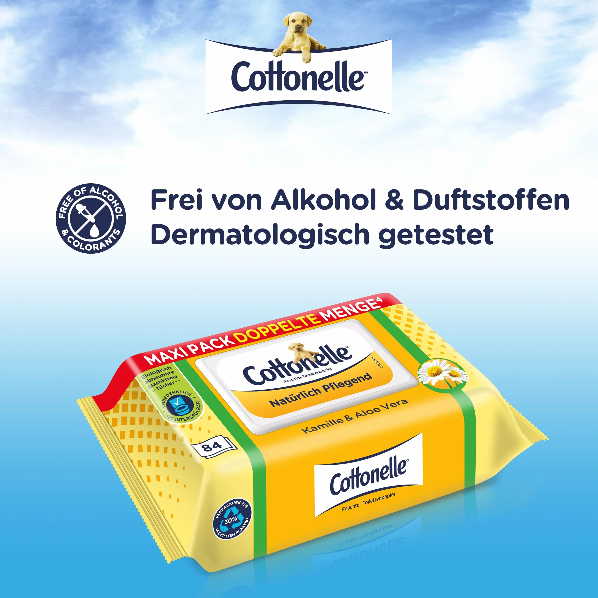 Cottonelle Wilgotny papier toaletowy, naturalnie pielęgnujący – rumianek i aloes, biodegradowalny, nie zawiera plastiku, możliwość ponownego zamknięcia, 1 x 84 chusteczki nawilżane (pojedyncze
