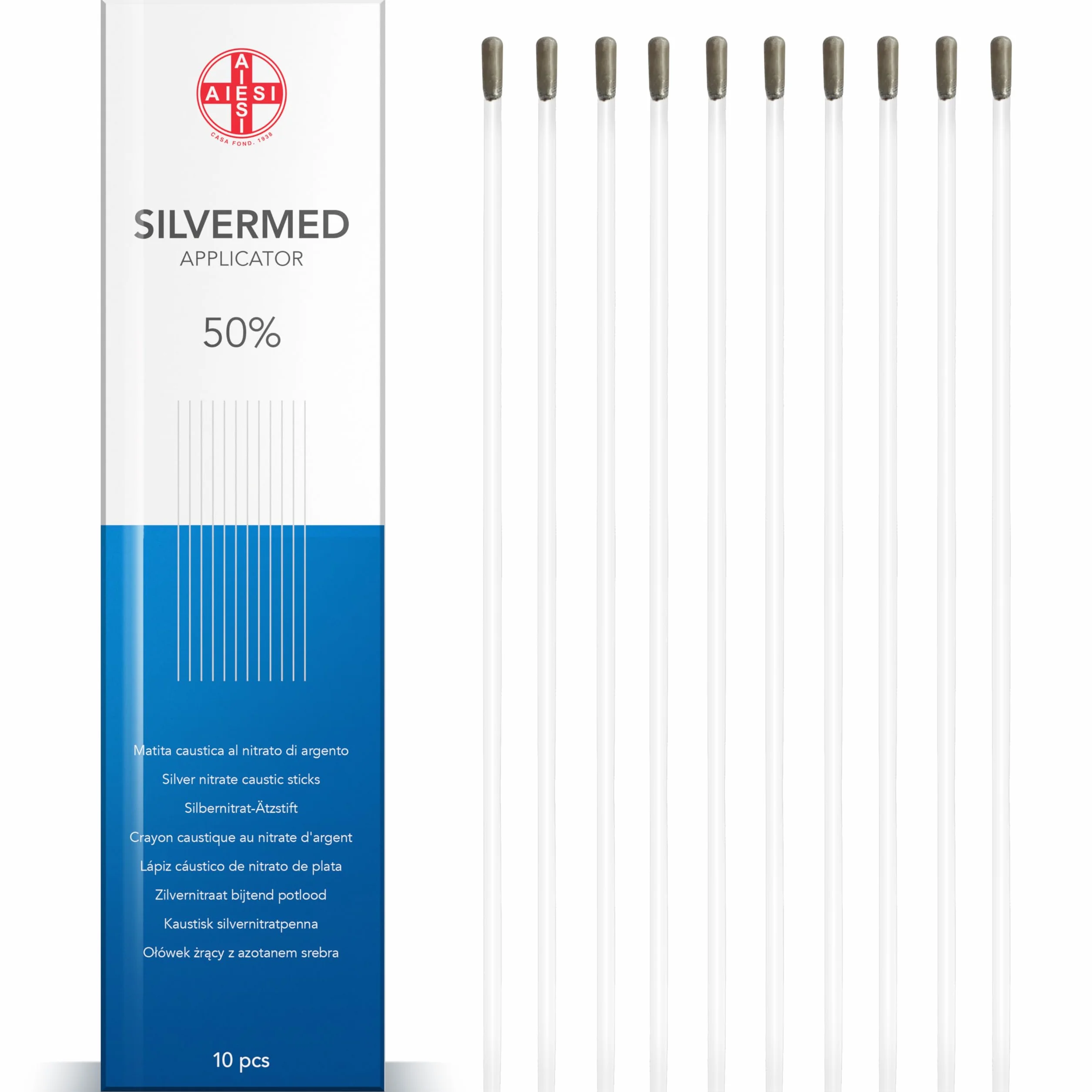 AIESI® Pałeczki z azotanu srebra 50% do leczenia brodawek i nagniotków SILVERMED 50 (Opakowanie 10 aplikatorów)
