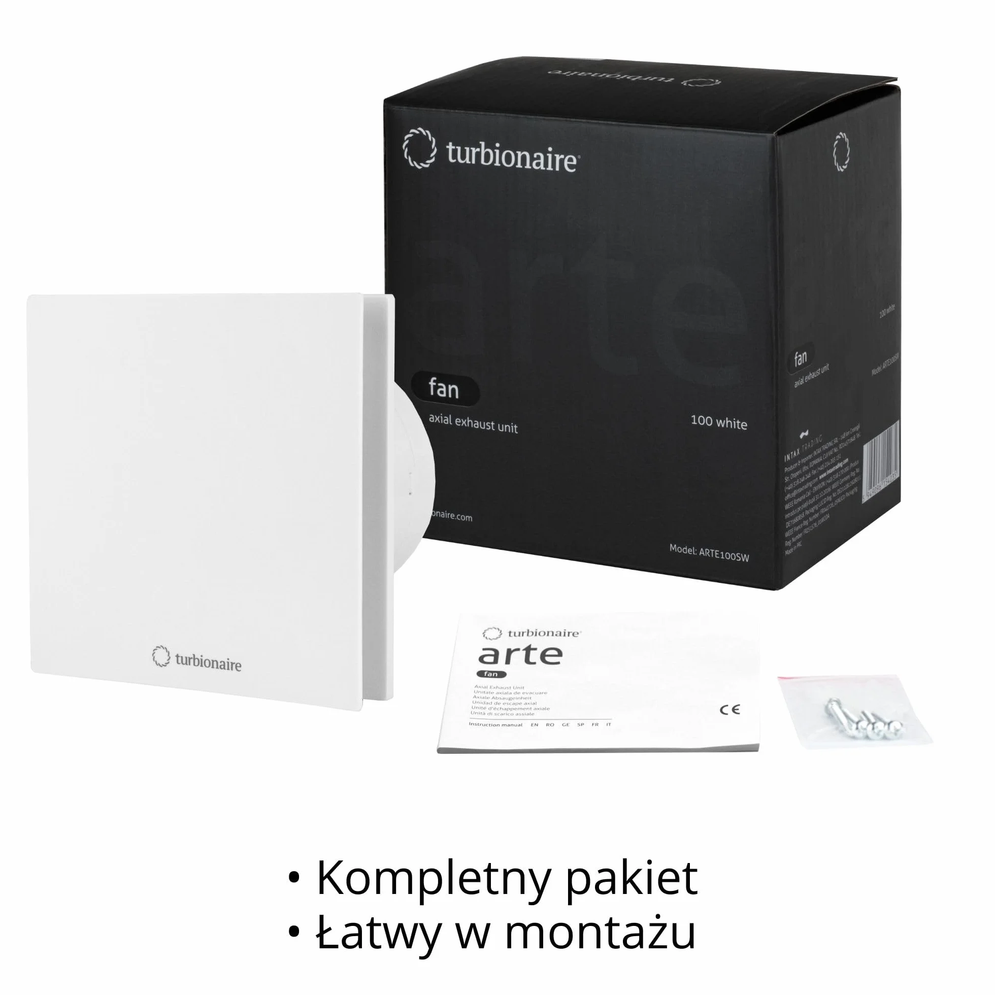 Turbionaire Arte 100 SW wentylator łazienkowy 100 mm, 80 m³/h, Biały, Minimalistyczny design, Cicha, Ochrona przed przeciągiem, Osysanie obwodowe, Ochrona IPX4