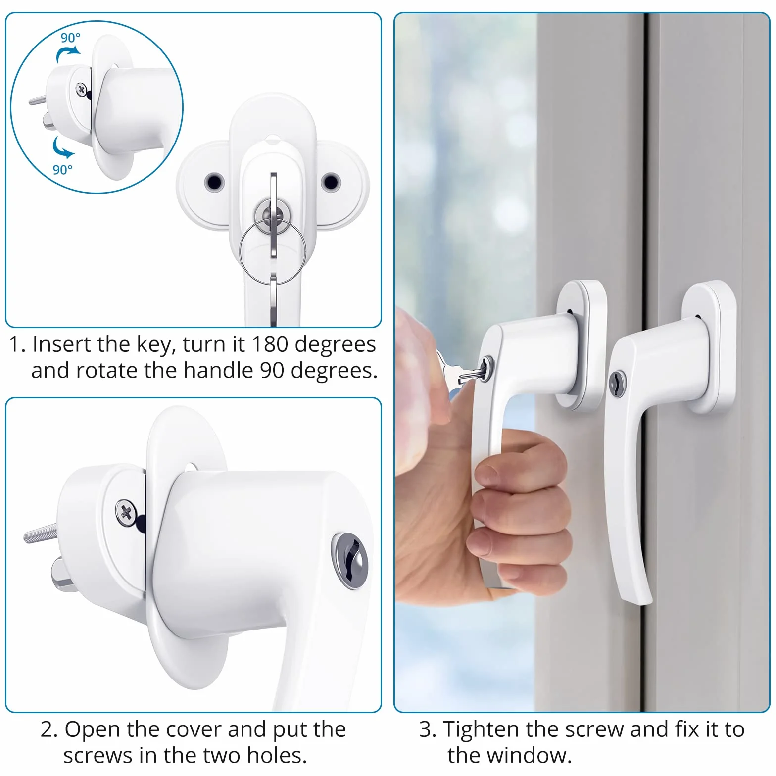 AUTOUTLET 4 szt. Zamykane klamki do okien Biały aluminiowy uchwyt do drzwi balkonowych Windows z 8 śrubami i 8 kluczami pasuje do wszystkich powszechnie stosowanych okien i drzwi balkonowych