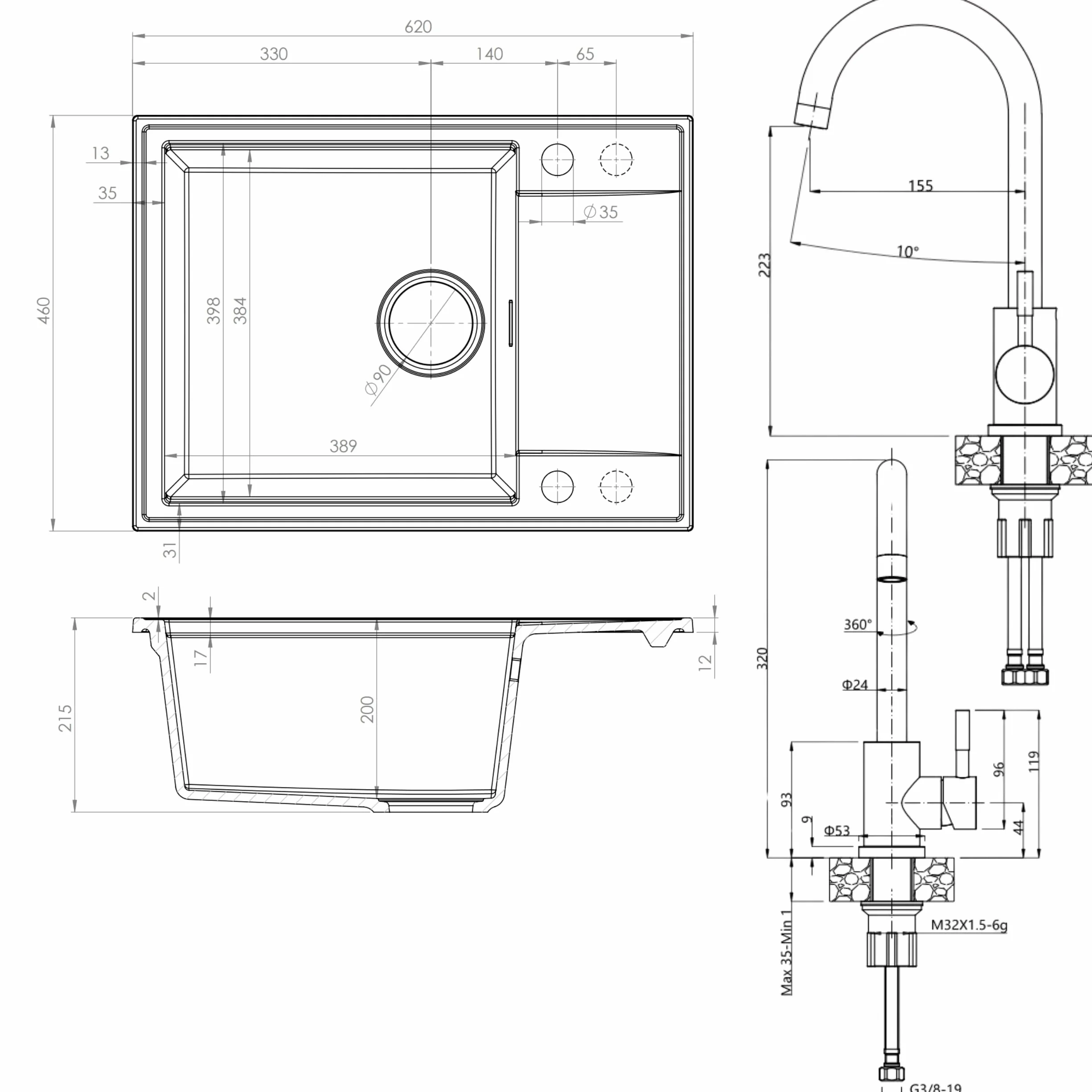 SINK QUALITY zlewozmywak biały z zestawem armatury 62x46 cm – zlewozmywak z kranem, syfon PUSH czarny, ociekacz, środek impregnujący – kompletny zestaw zlewozmywaka kuchennego do szafki dolnej 55 cm