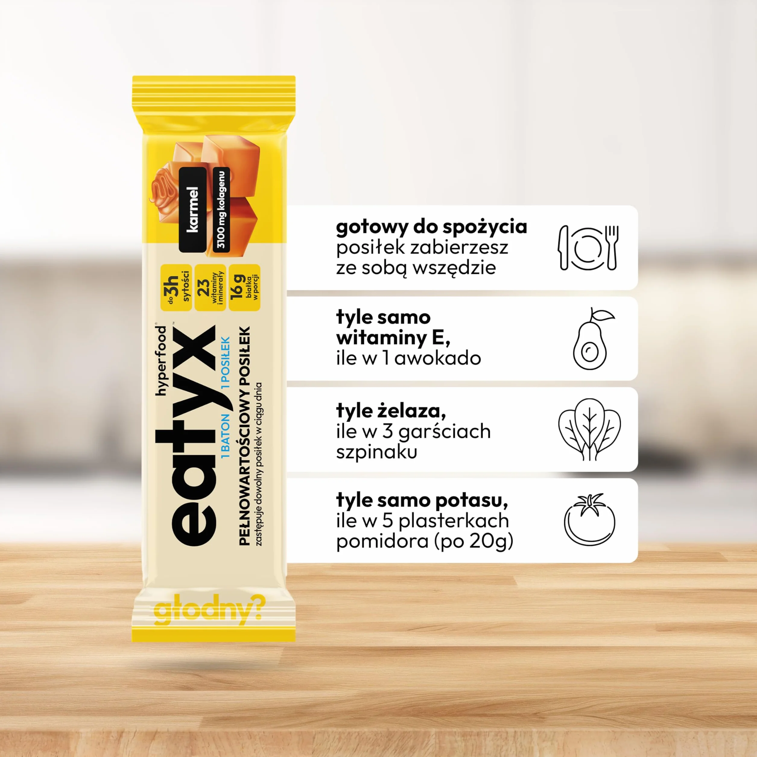 eatyx Baton Karmelowy I Pełnowartościowy Posiłek w Formie Batona I 60g I Źródło 3100 mg kolagenu I Bez cukru i konserwantów I Bez glutenu