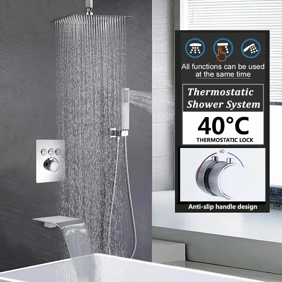Zestaw termostatycznej baterii prysznicowej, 40-centymetrowy zestaw prysznicowy z deszczownicą, ukryty system prysznicowy z deszczownicą, możliwość użycia wszystkich opcji jednocześnie, chrom