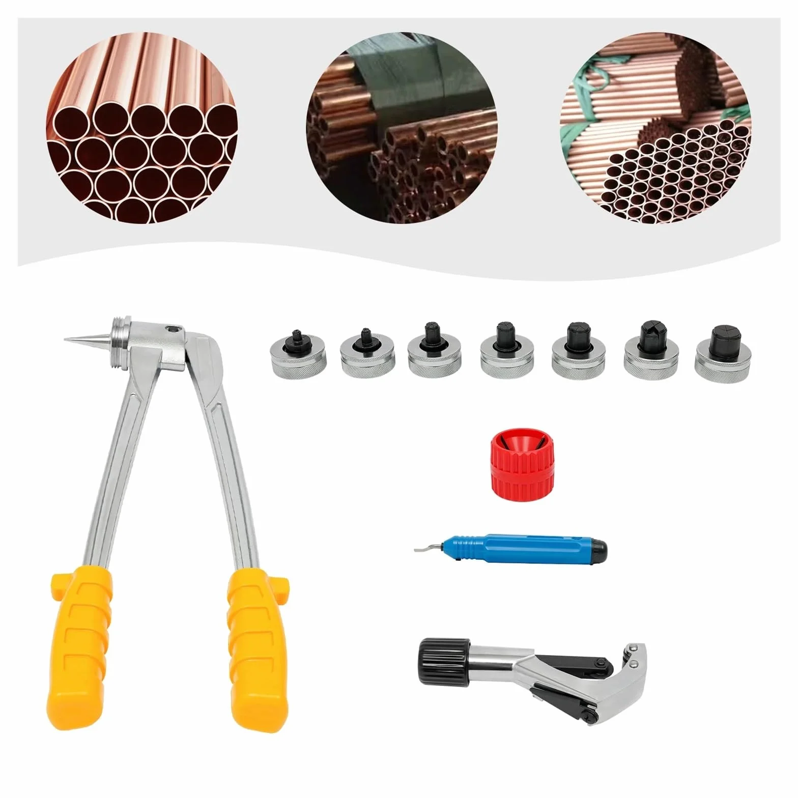 Ekspander Rurowy, Zestaw szczypiec do rur rozprężnych 4-28 mm, 7 głowic miedzianych aluminiowych + narzędzie zaciskania skrzynek, niebieskie