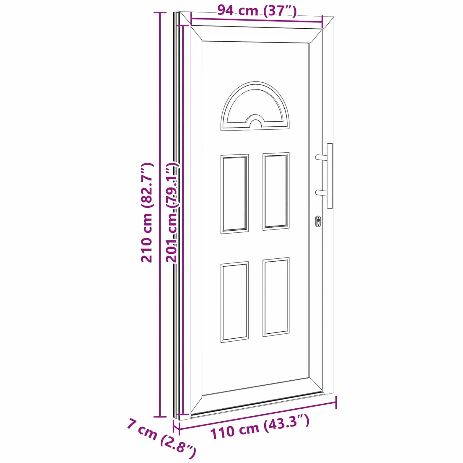 Antracytowe drzwi wejściowe PCW 110 x 210 cm z wkładkami szklanymi, drzwi wejściowe do domu, korytarza, piwnicy i renowacji, łącznie z uchwytem, zawiasami, ochroną przed warunkami