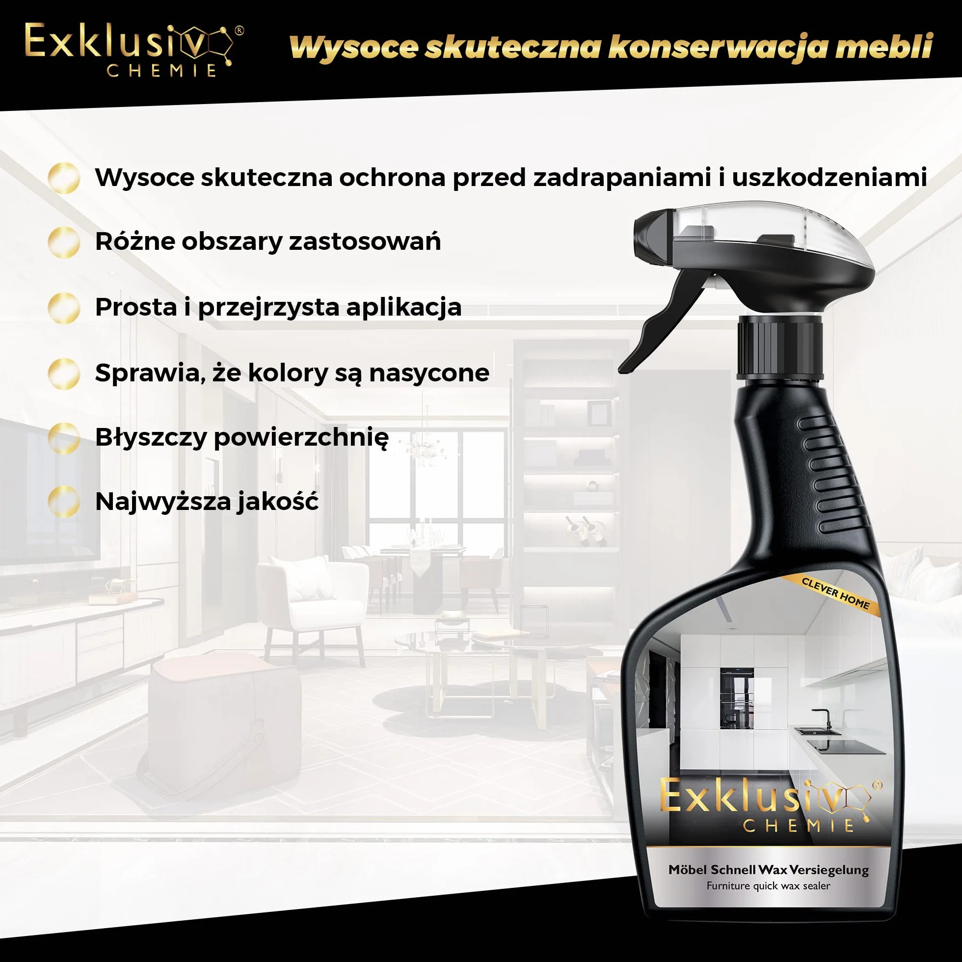 Exklusiv Chemie® Środek do czyszczenia frontów na wysoki połysk | Pielęgnacja i lakierowanie mebli na wysoki połysk | Lakier do mebli | Drewno fornirowane, powierzchnie lakierowane, kuchnie, drzwi, lakier fortepianowy | 0,5 l | Do drewna fornirowanego, po