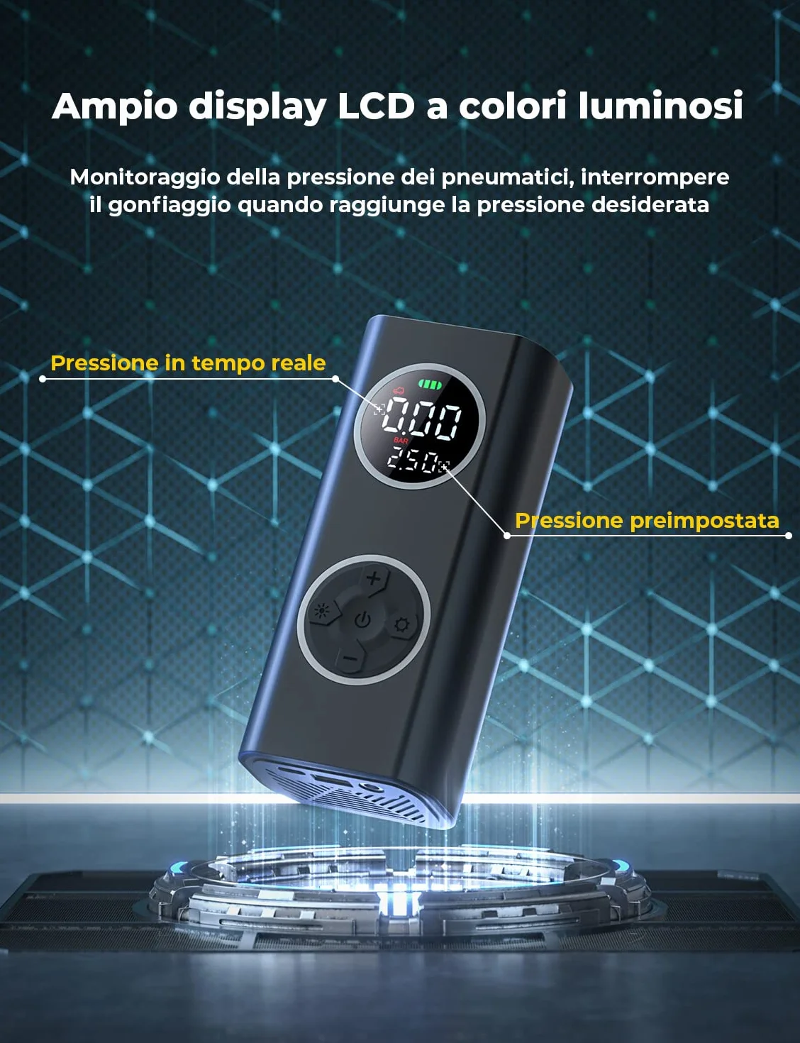 Oasser Przenośny Kompresor Powietrza 6000mAh 150PSI - Elektryczna Pompa do Opon z Dwukolorowym Wyświetlaczem LCD, Automatycznym Wyłączaniem i 4 Końcówkami - Do Samochodów, Motocykli, Rowerów i Piłek