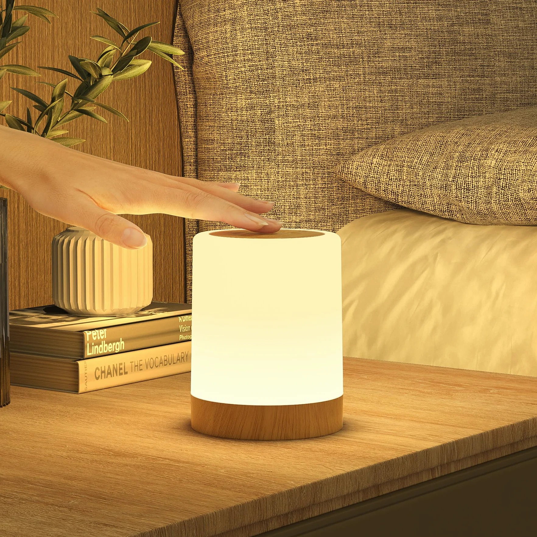 Bonsery Lampka nocna LED, dotykowa, ściemniana z 256 kolorami RGB i 3 trybami, lampka nocna dla dzieci, ładowalna przez USB z funkcją timera i pamięci, słoje drewna, lampa stołowa bezprzewodowa do