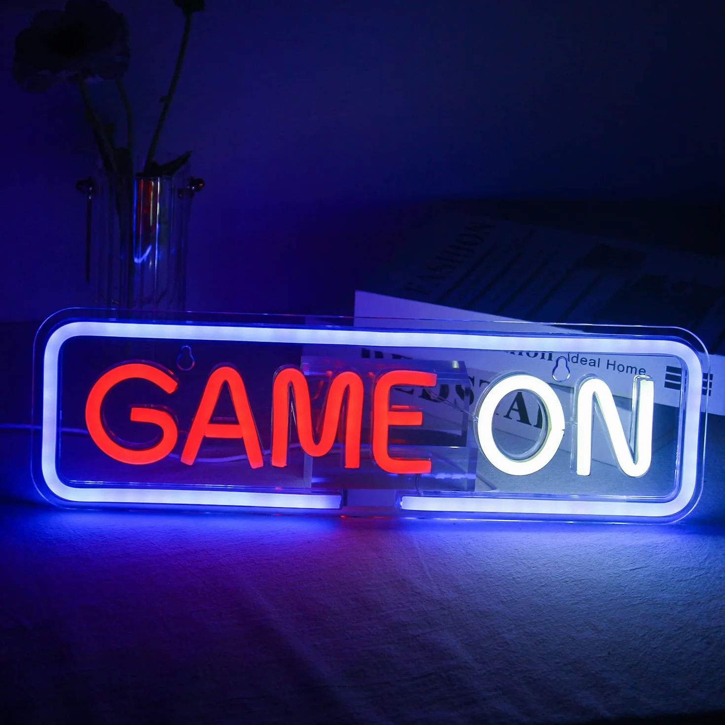 Game On Neon Dekoracja ścienna Gra Led Neon Light USB Akrylowe oświetlenie dekoracyjne do pokoju zabaw, sypialni, domu, baru, gry, konkursu, klubu, na imprezę, prezent urodzinowy (niebieski czerwony)
