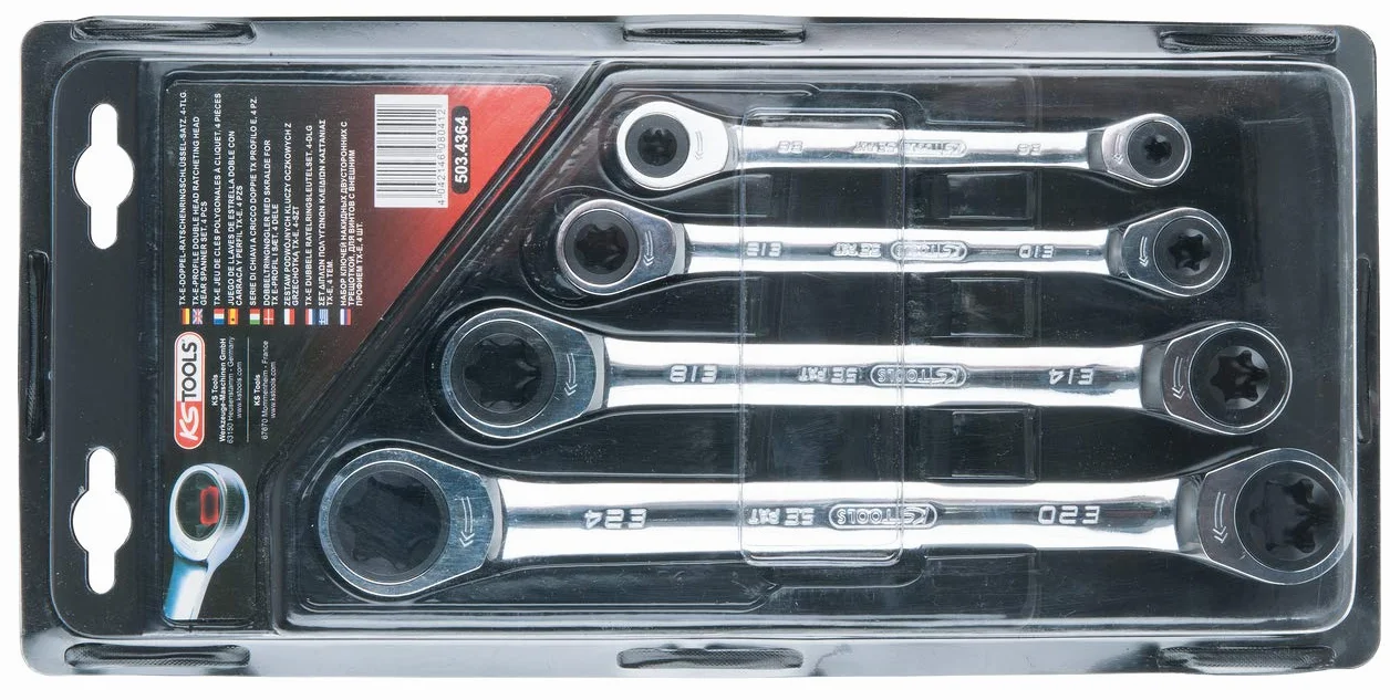 KS Tools 503.4364 GEAR+ Zestaw podwójnych kluczy oczkowych z grzechotka Torx-E, 4-szt, E6xE8-E20xE24