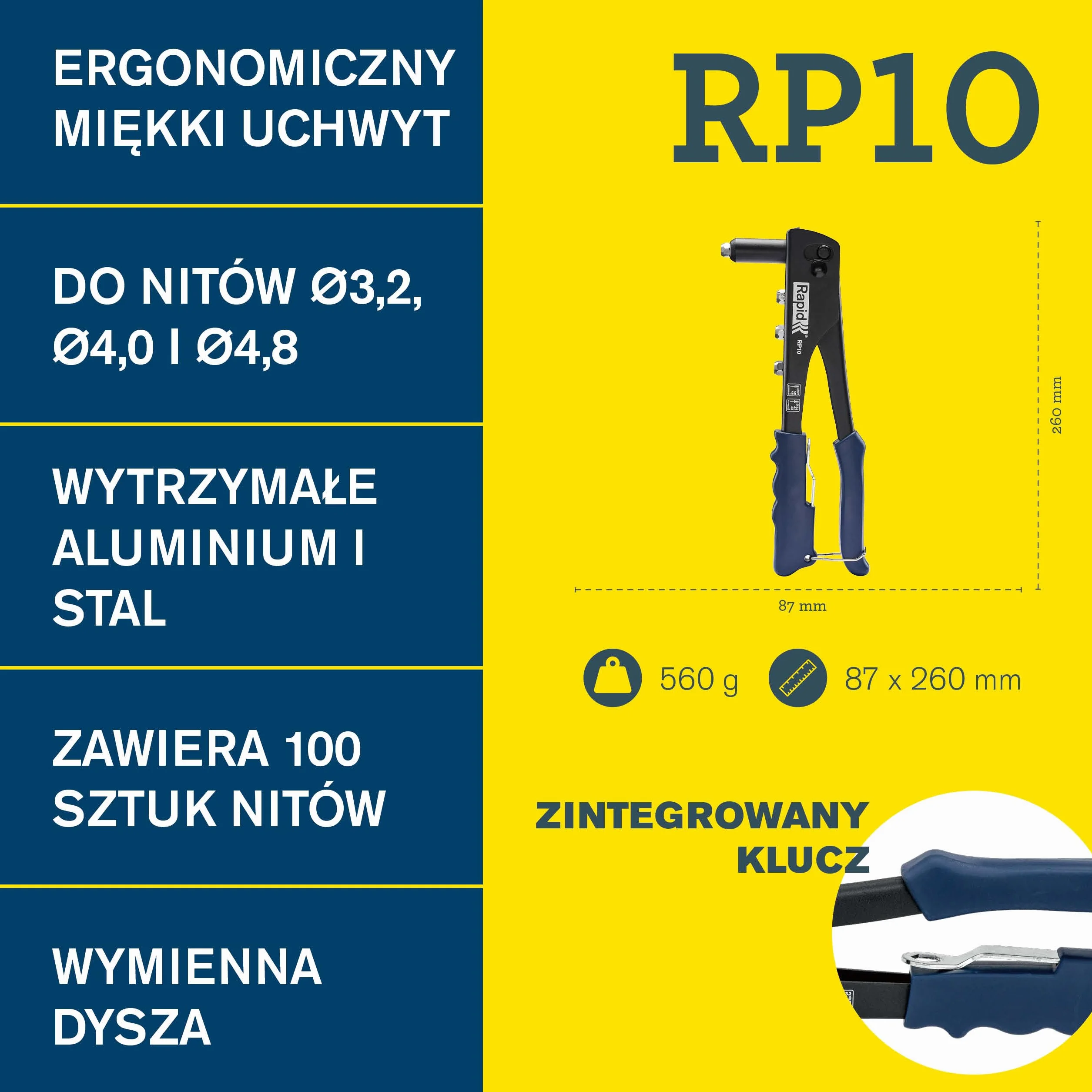 Zestaw nitownicy ręcznej Rapid RP10 ze 100 nitami aluminiowymi, zintegrowanym kluczem i miękkim uchwytem do nitów zrywalnych 3.2, 4.0, 4.8mm (5001718)