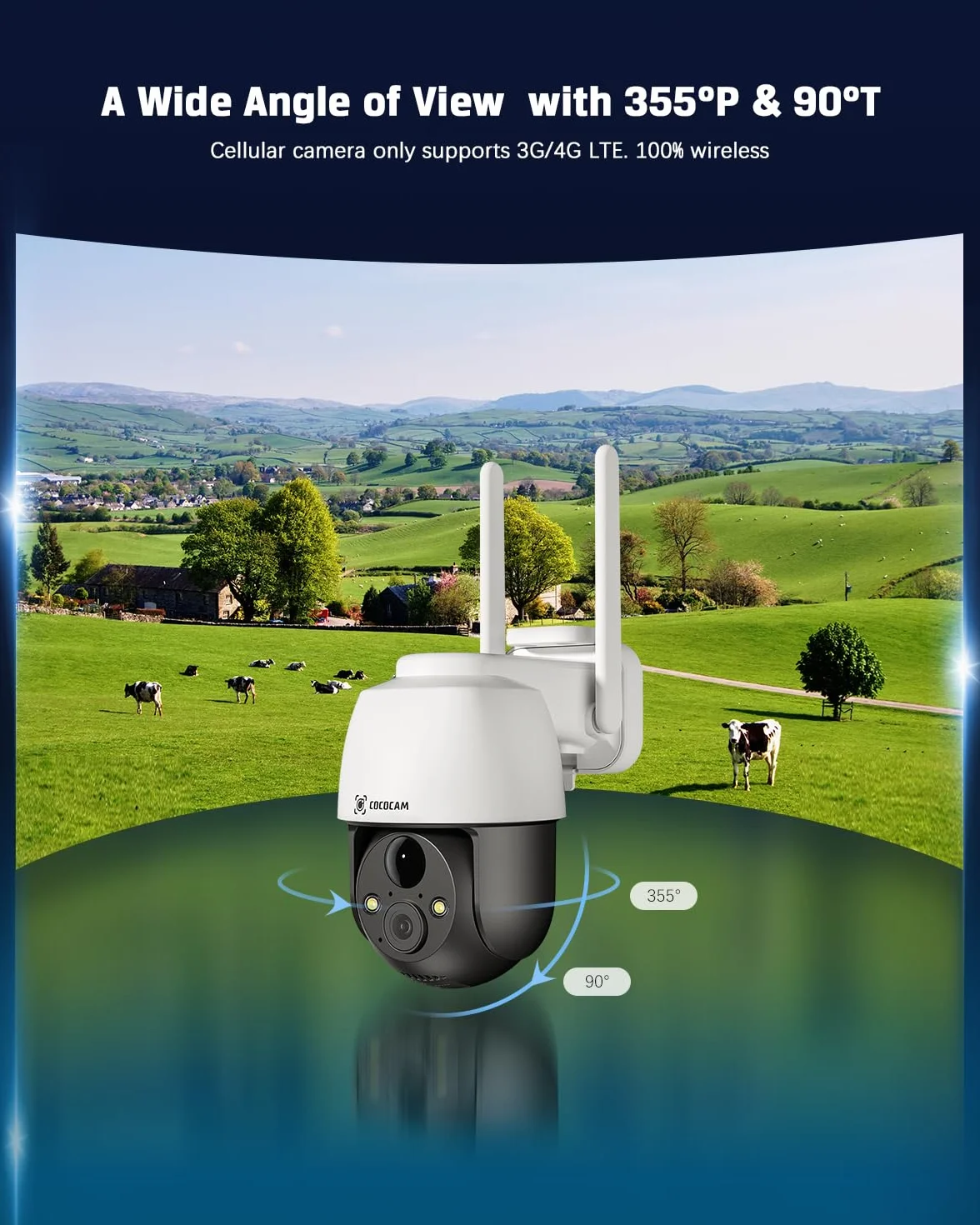 COCOCAM 3G/4G LTE Bezprzewodowa Kamera Bezpieczeństwa 2K na Zewnątrz, Słoneczna, Wykrywanie PIR, AI, Karta SIM w Zestawie