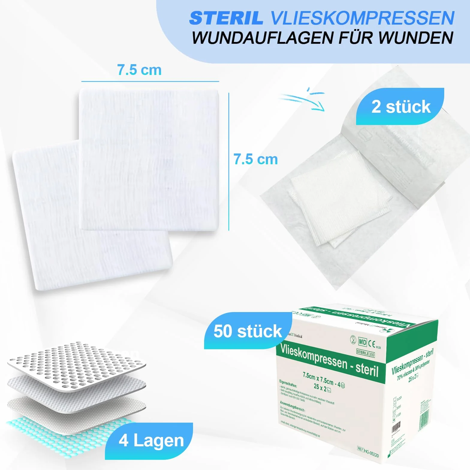 STERIL Kompresy z włókniny 7,5 x 7,5 cm 50 sztuk 4-warstwowe nieprzylepne