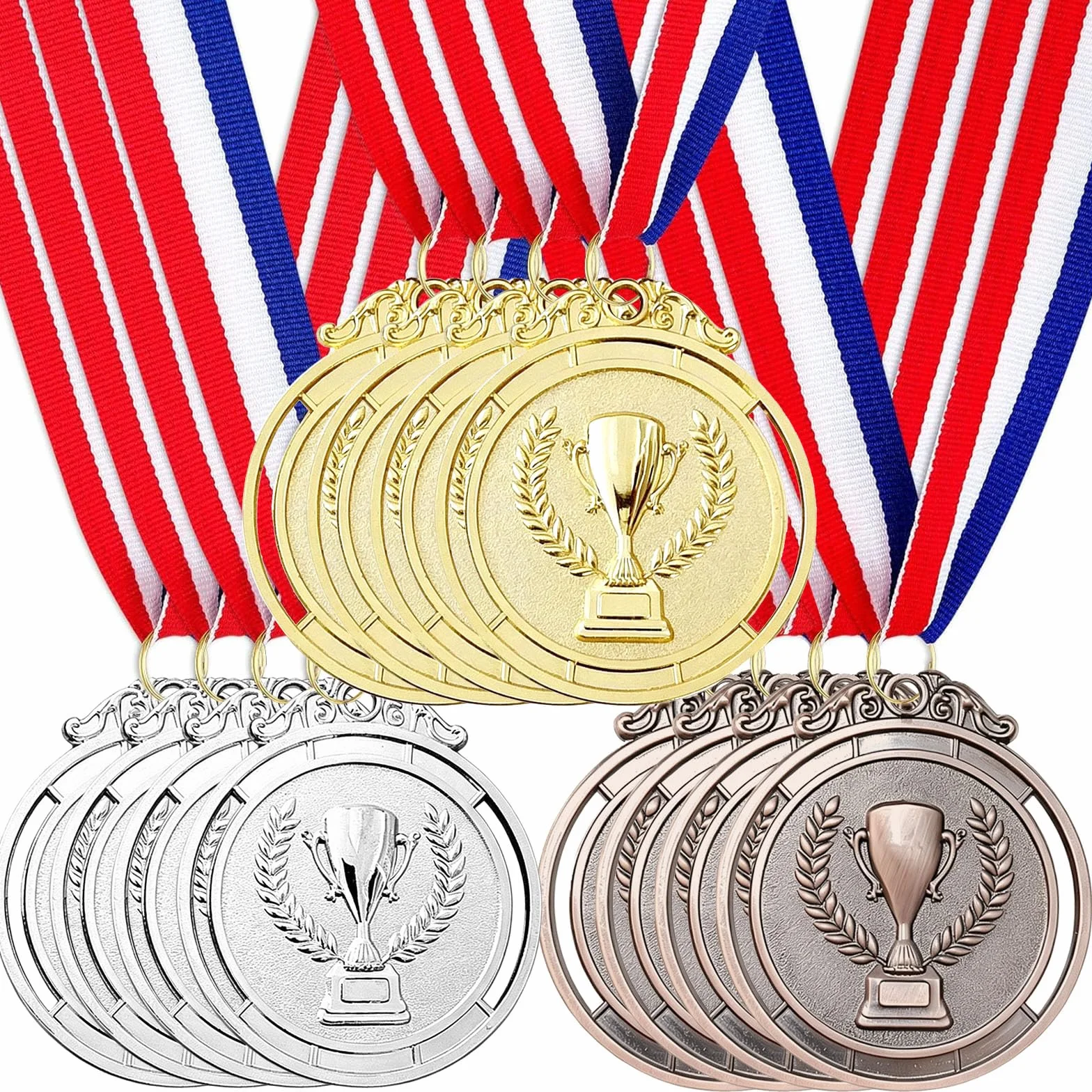 12 sztuk medali nagród, złote srebrne brązowe medale ze wstążkami na szyję, medale nagrody dla dzieci, na zawody, imprezy, sport, styl olimpijski