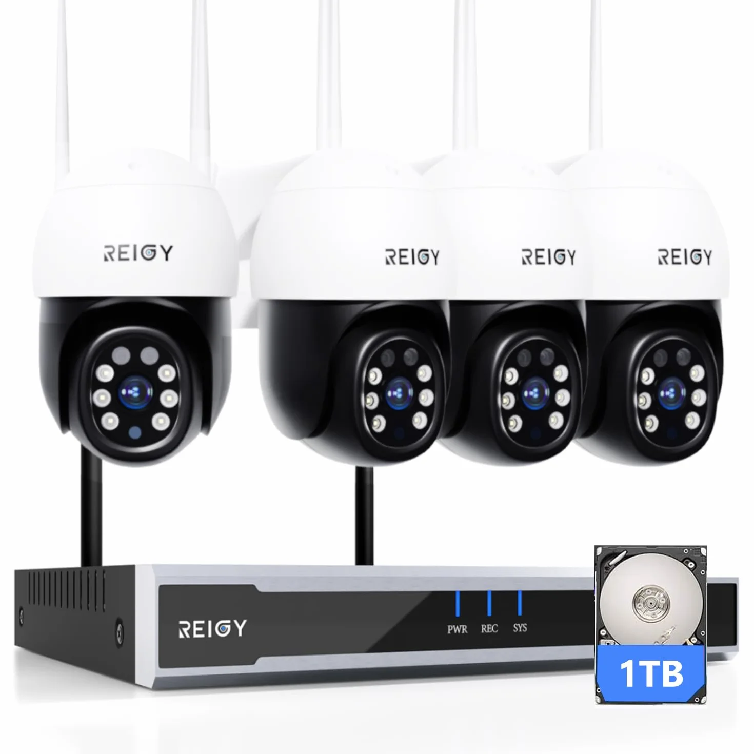 REIGY 5MP Zestaw do monitoringu wifi na zewnątrz z kolorowym noktowizorem i dyskiem twardym 1 TB, system bezpieczeństwa z 16CH NVR + 4x 1920P PT kamera wideo, dwukierunkowa kamera monitorująca dźwięk
