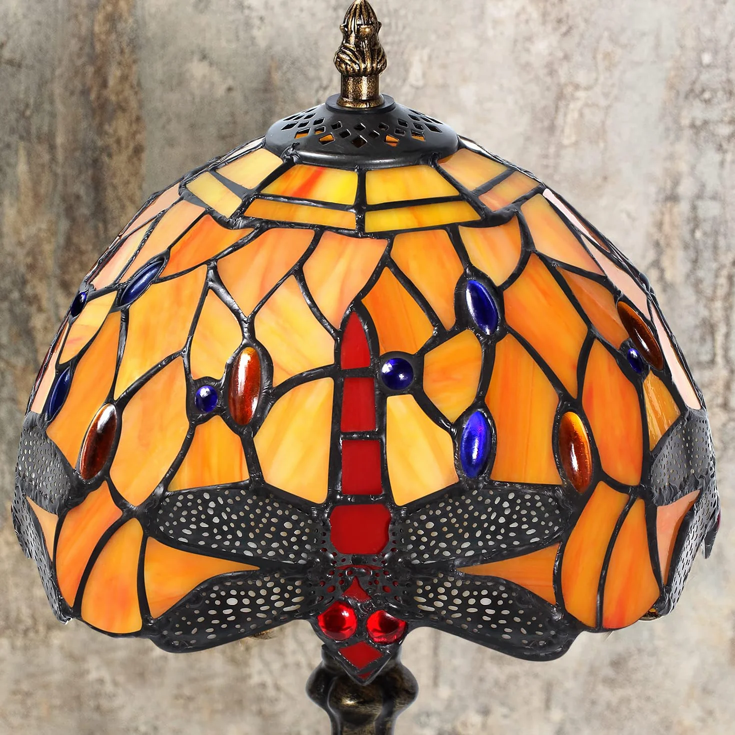 Tiffany lampa stołowa w stylu vintage, ręcznie wykonana, witrażowa, abażur, lampy stołowe, do sypialni, na stolik nocny, do gabinetu, biura (pomarańczowa libelka)