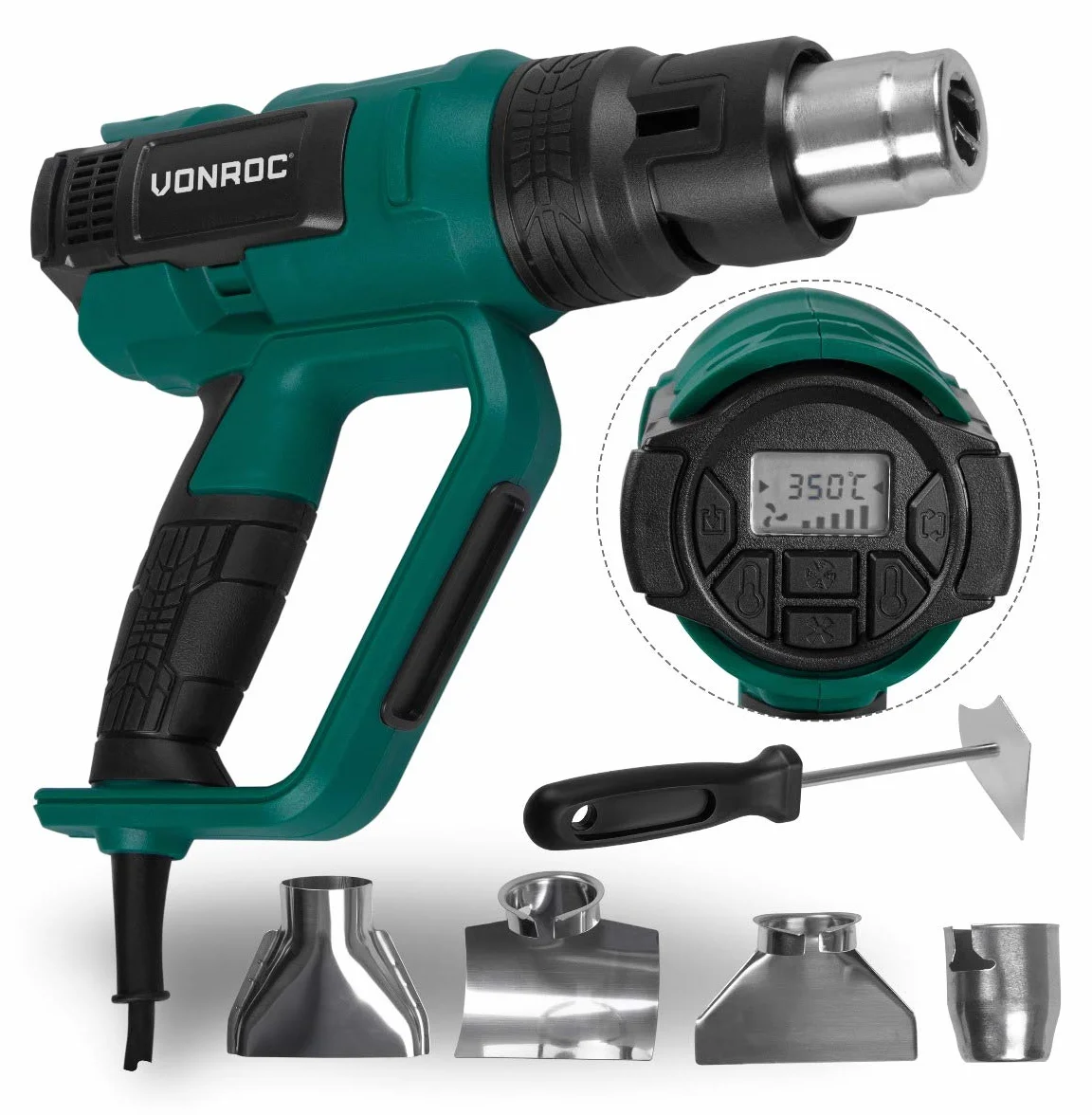 VONROC Profesjonalny pistolet na gorące powietrze | Palnik farby 2000 W – 60 stopni temperatury (50 °C – 650 °C) i 5 poziomów dmuchawy (250 – 500 l/min) – w zestawie akcesoria i torba do